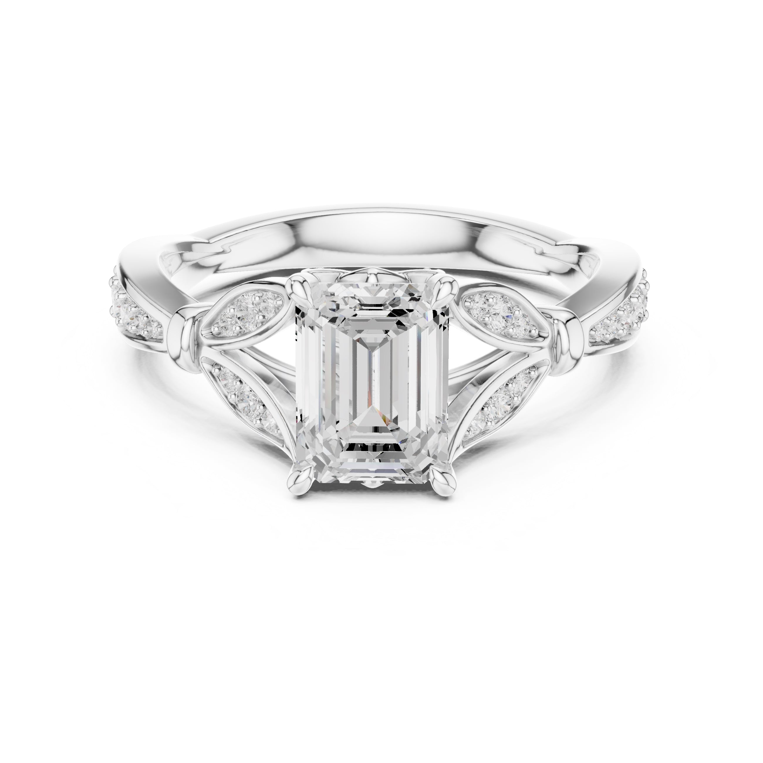 1.50 ct Emerald Nature-Inspired Pave Ring 1.5ct White Gold