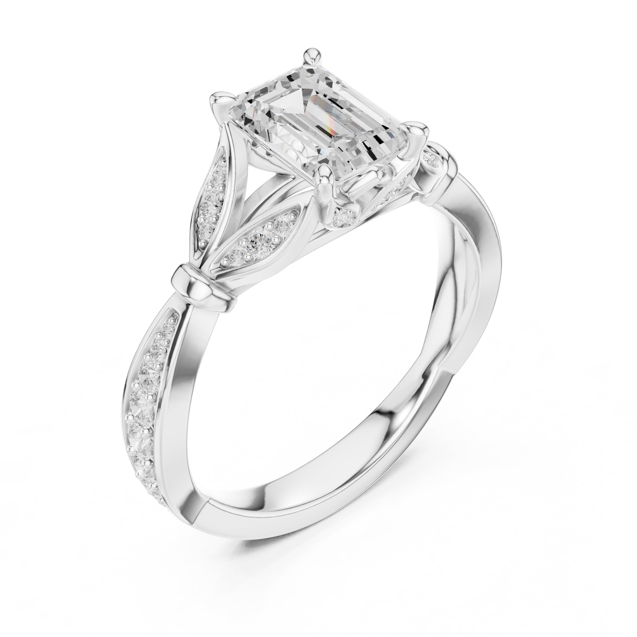 1.50 ct Emerald Nature-Inspired Pave Ring 1.5ct White Gold