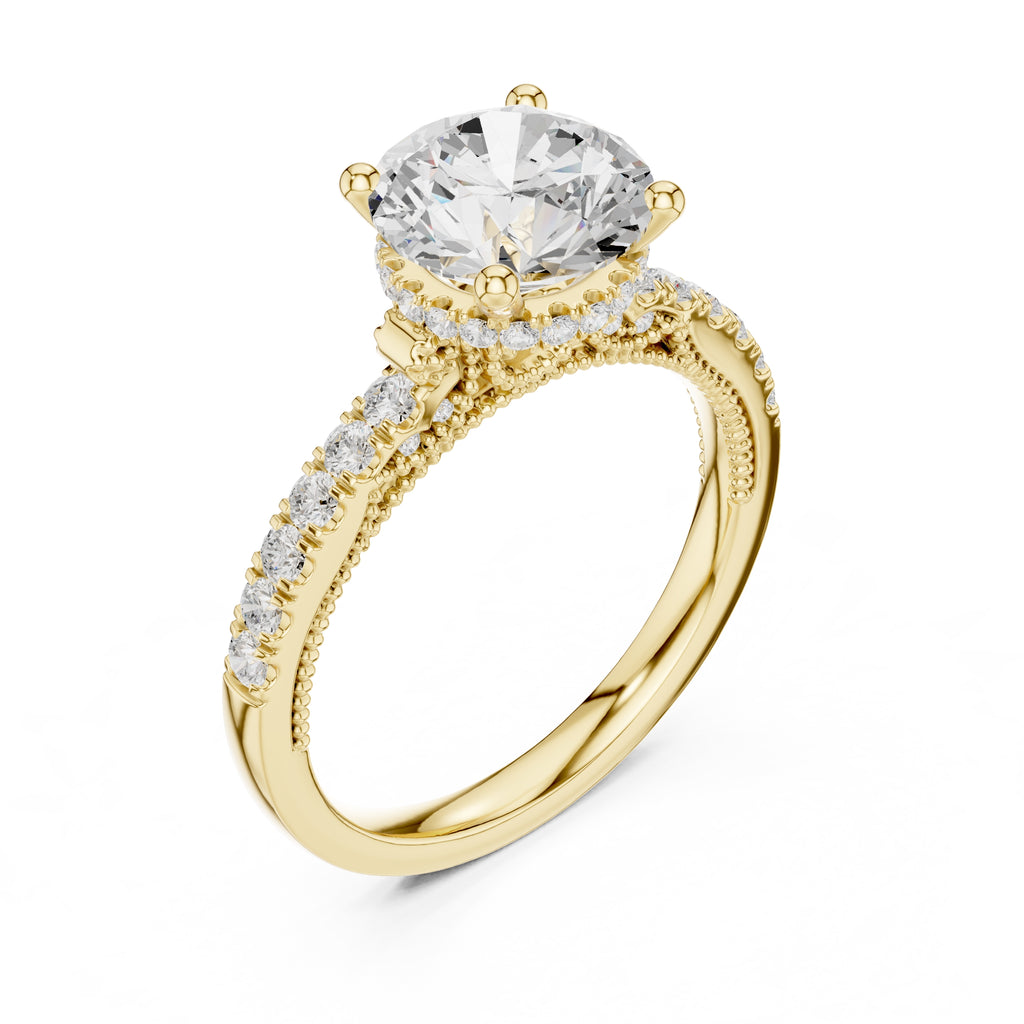 2.00 ct Round Diamond Milgrain Pave Ring 2ct Yellow Gold