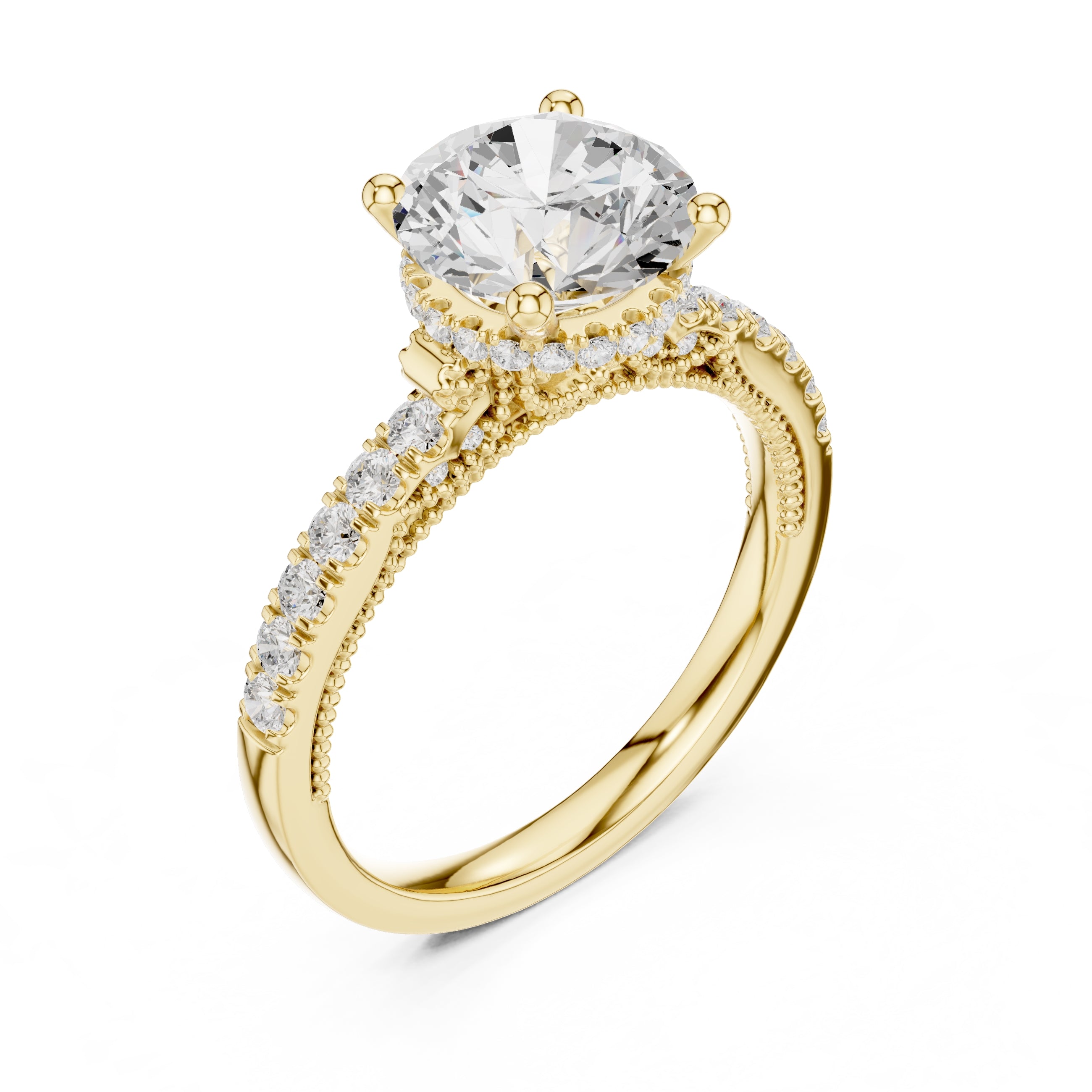 2.00 ct Round Diamond Milgrain Pave Ring 2ct Yellow Gold