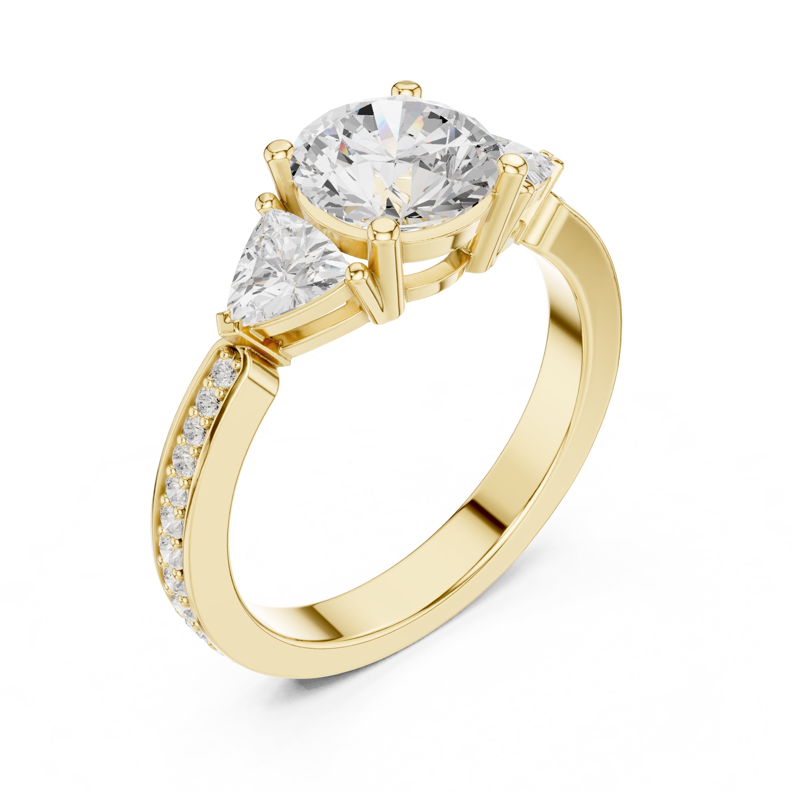 2.00 ct Round Trillion Three Stone Diamond Ring 1.5ct Yellow Gold