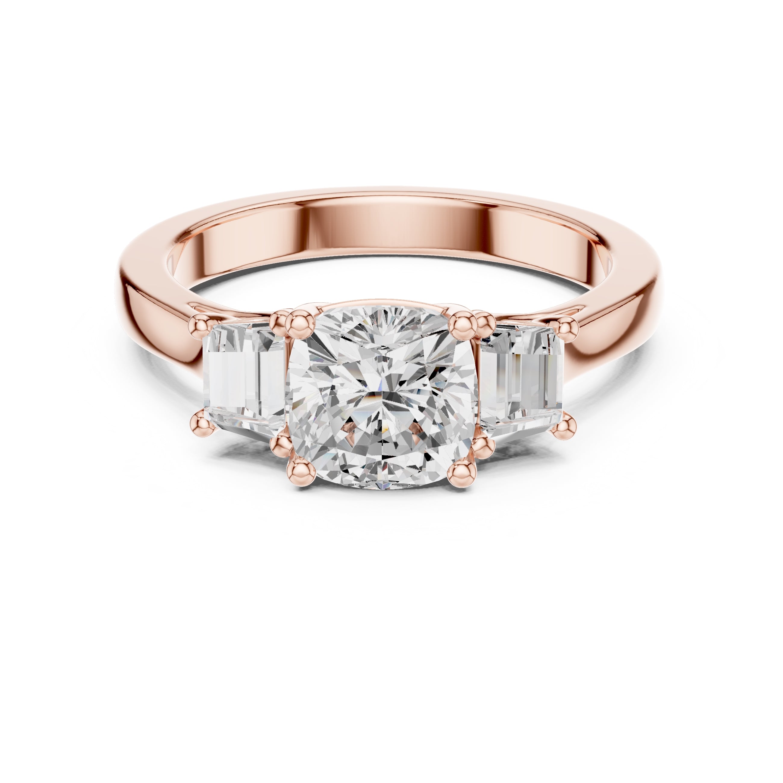 2.00 ct Cushion Baguette Three Stone Ring 1.4ct Rose Gold