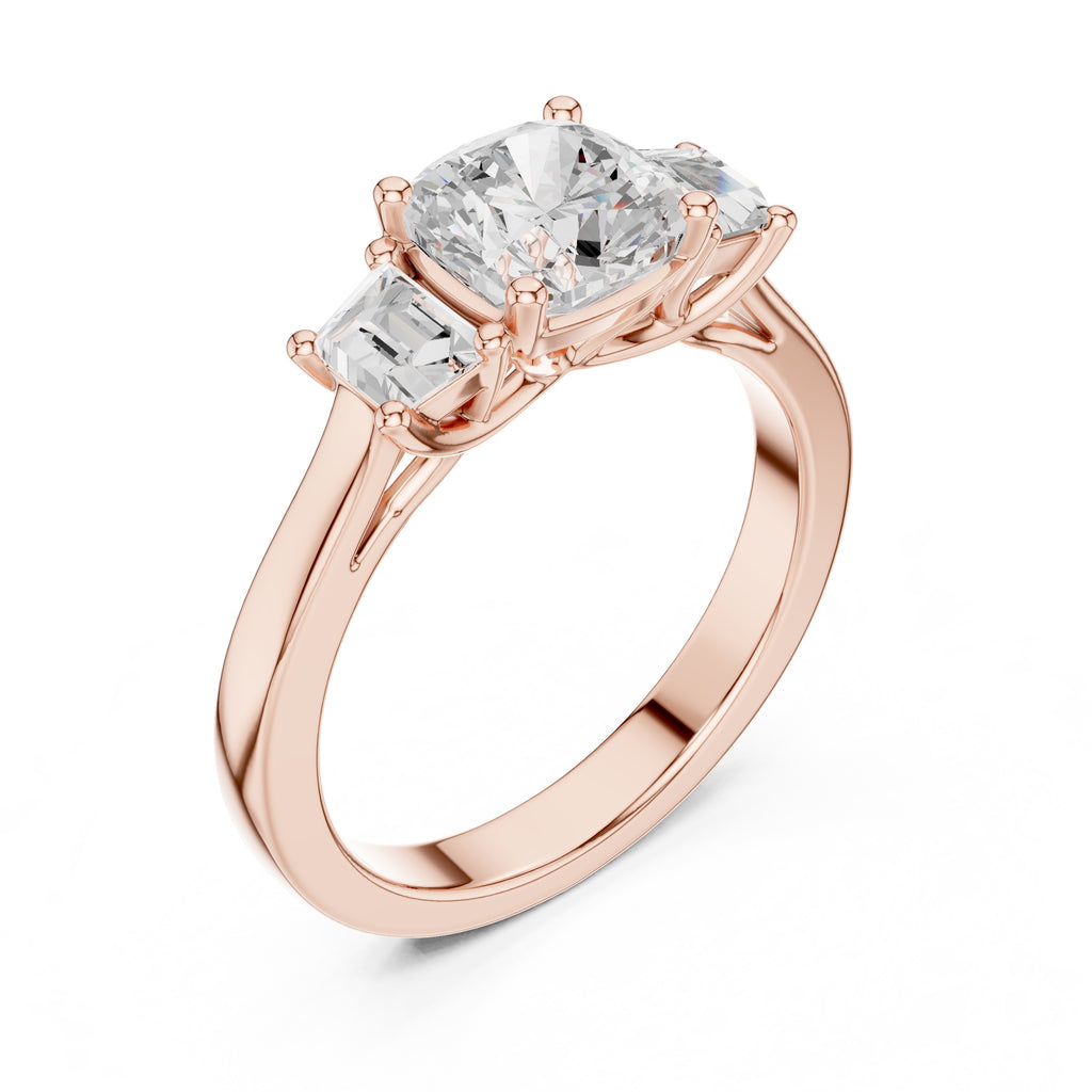 2.00 ct Cushion Baguette Three Stone Ring 1.4ct Rose Gold