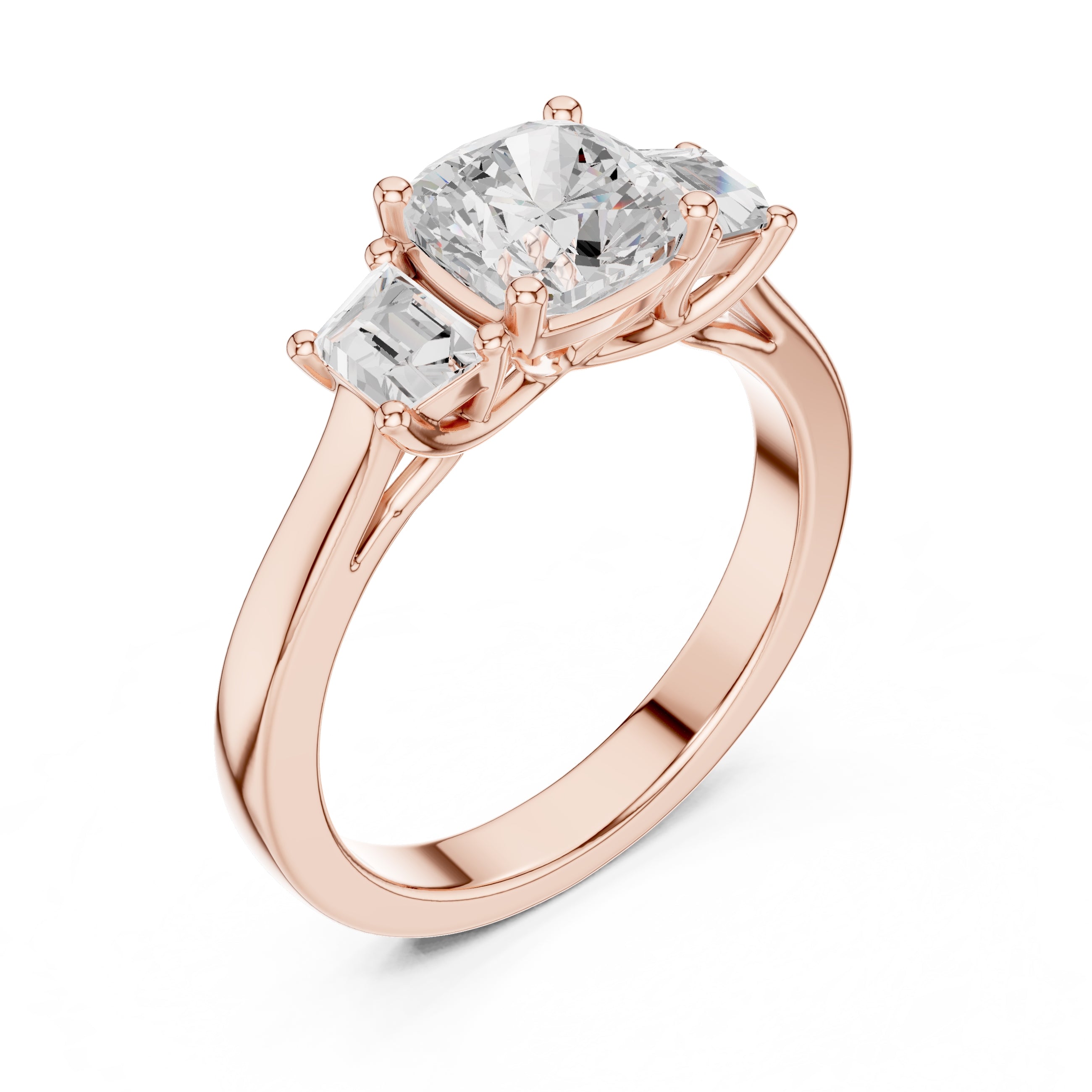 2.00 ct Cushion Baguette Three Stone Ring 1.4ct Rose Gold