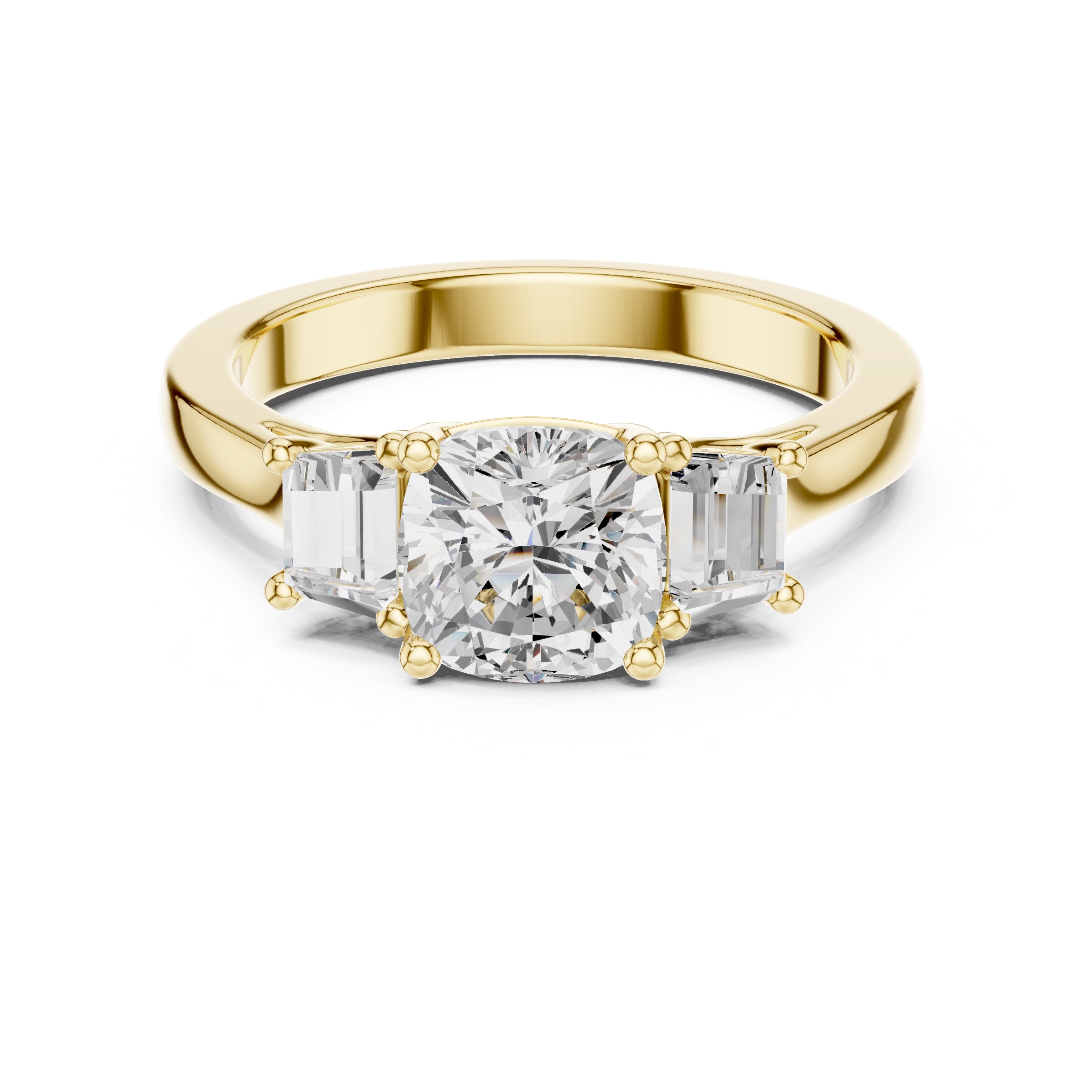 2.00 ct Cushion Baguette Three Stone Ring 1.4ct Yellow Gold