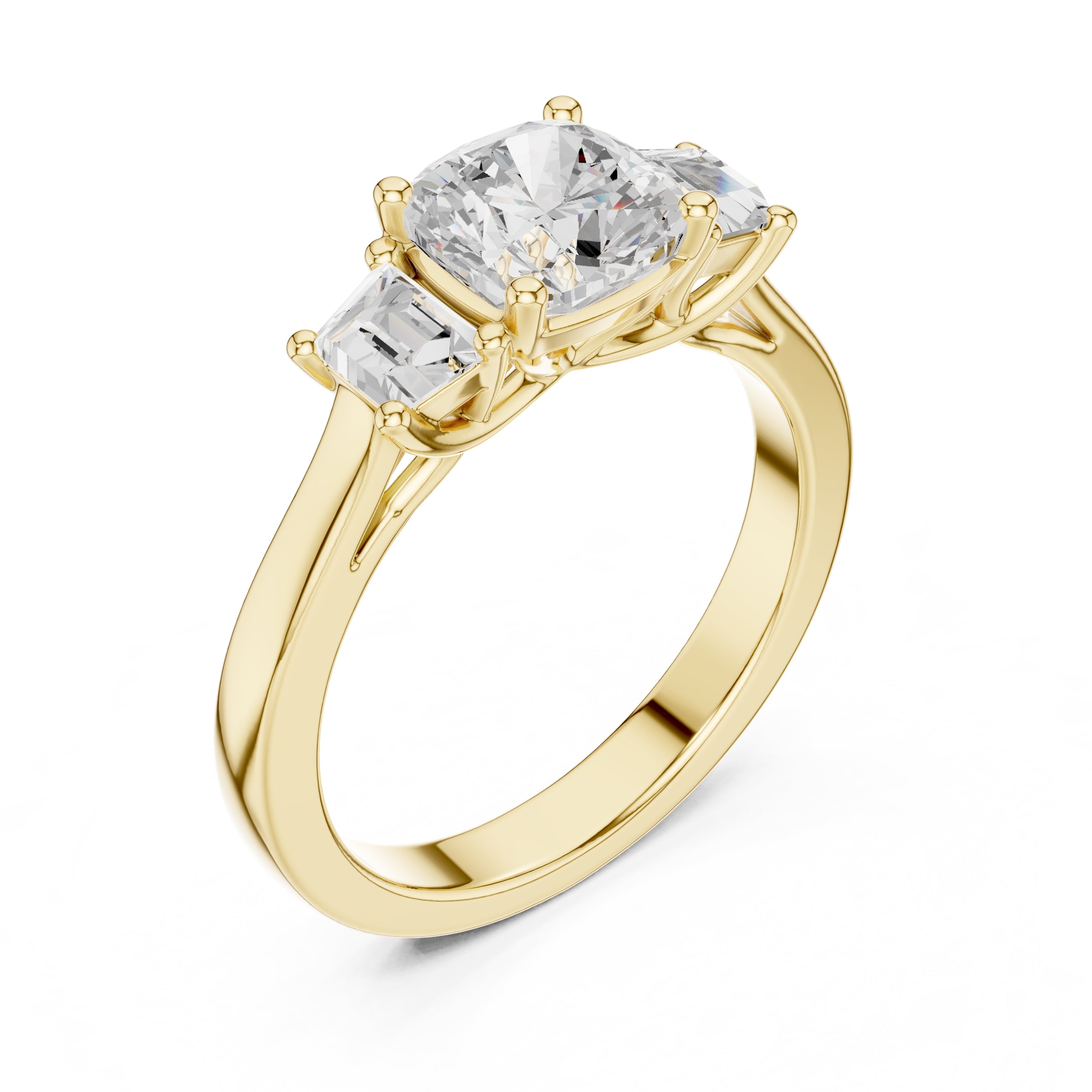 2.00 ct Cushion Baguette Three Stone Ring 1.4ct Yellow Gold