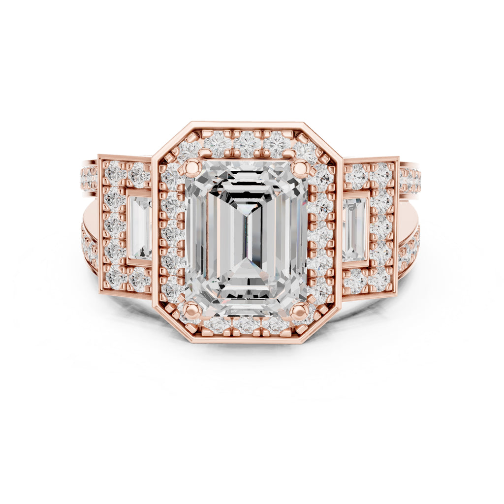 2.50 ct Emerald Cut Baguette Halo Ring 2.5ct Rose Gold