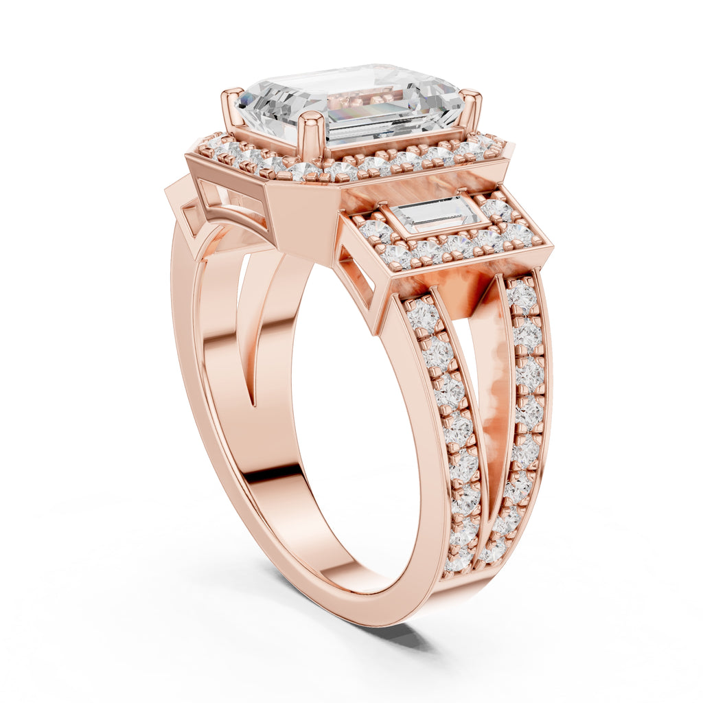 2.50 ct Emerald Cut Baguette Halo Ring 2.5ct Rose Gold