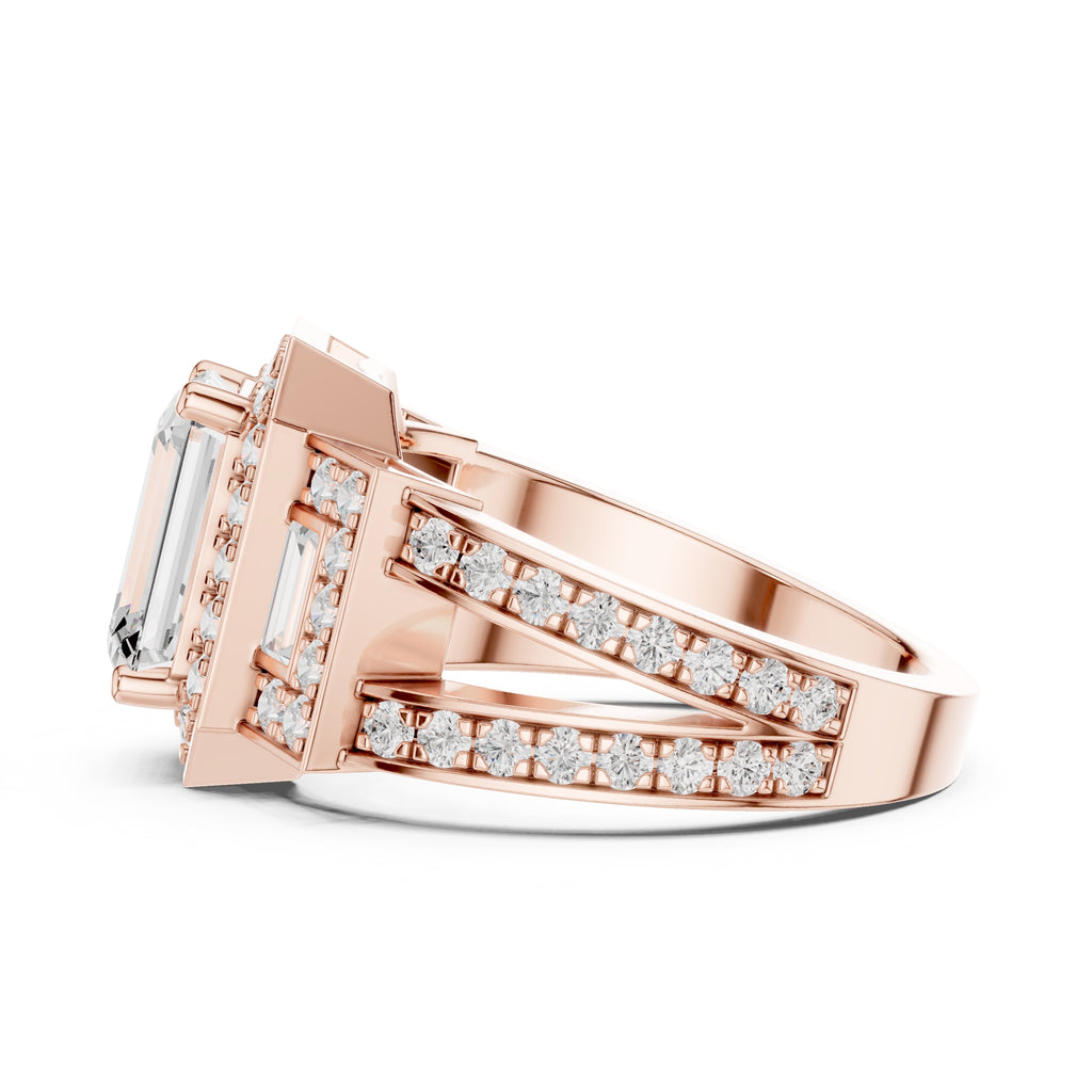 2.50 ct Emerald Cut Baguette Halo Ring 2.5ct Rose Gold