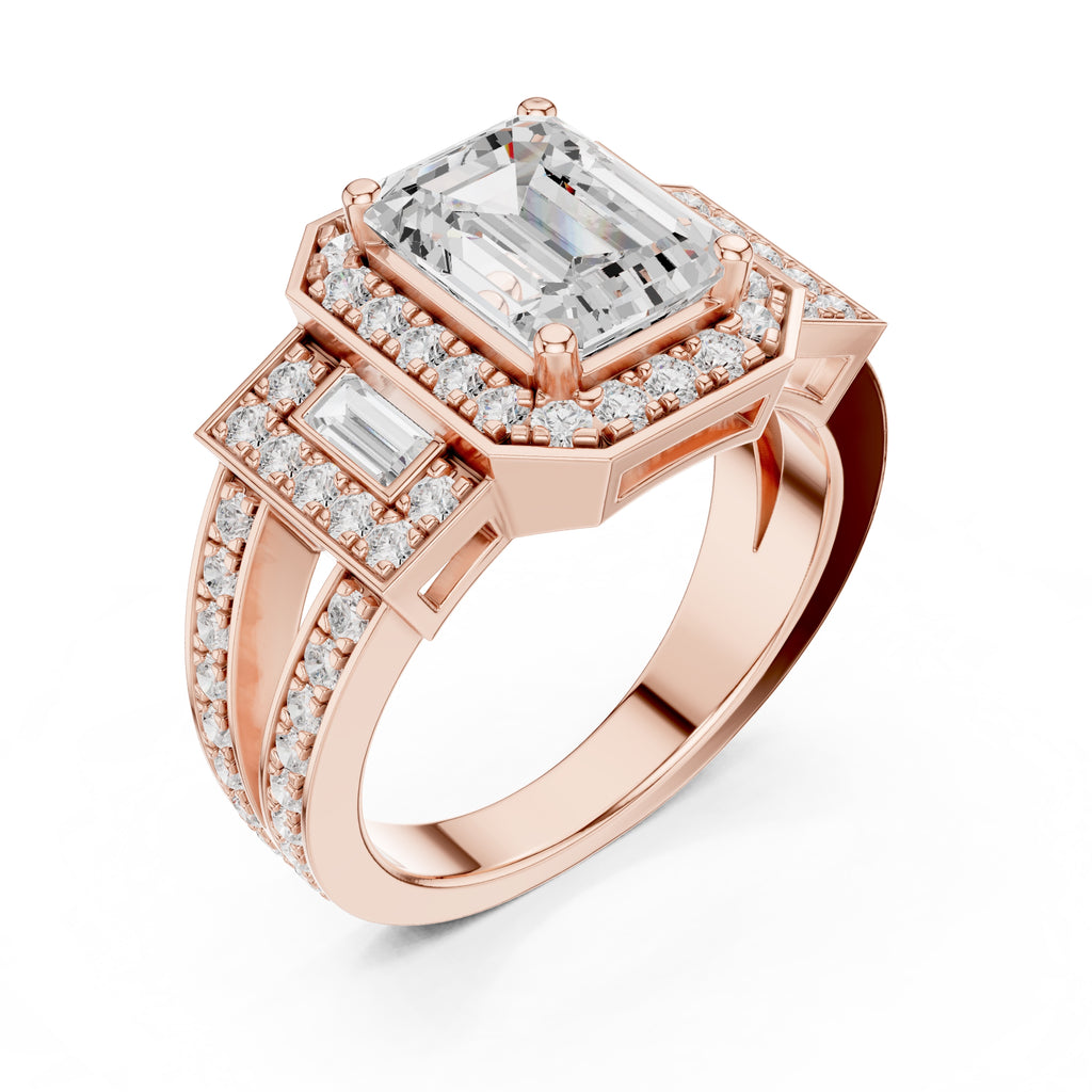 2.50 ct Emerald Cut Baguette Halo Ring 2.5ct Rose Gold