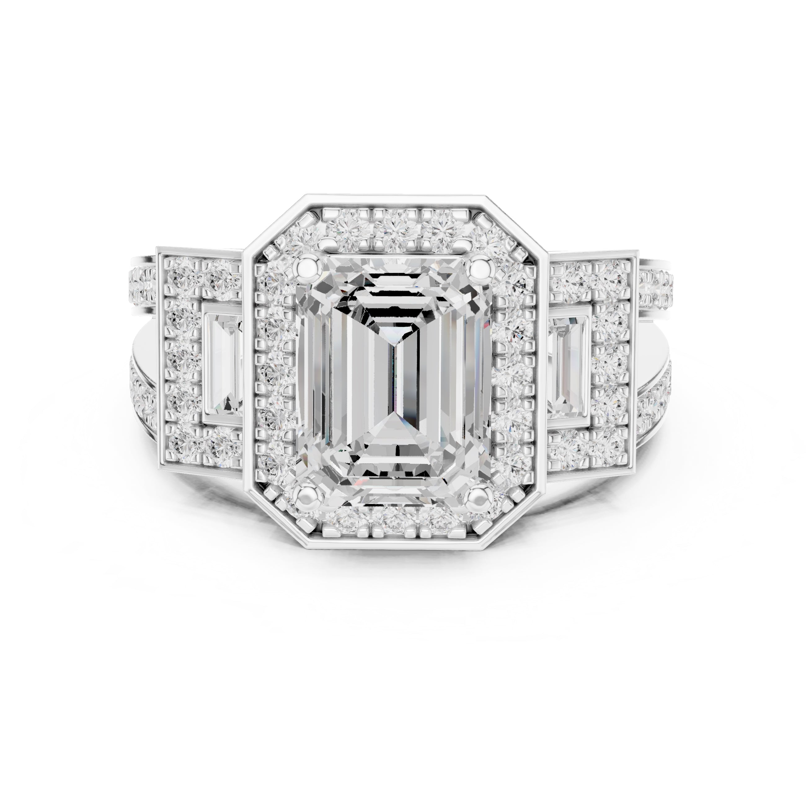 2.50 ct Emerald Cut Baguette Halo Ring 2.5ct White Gold
