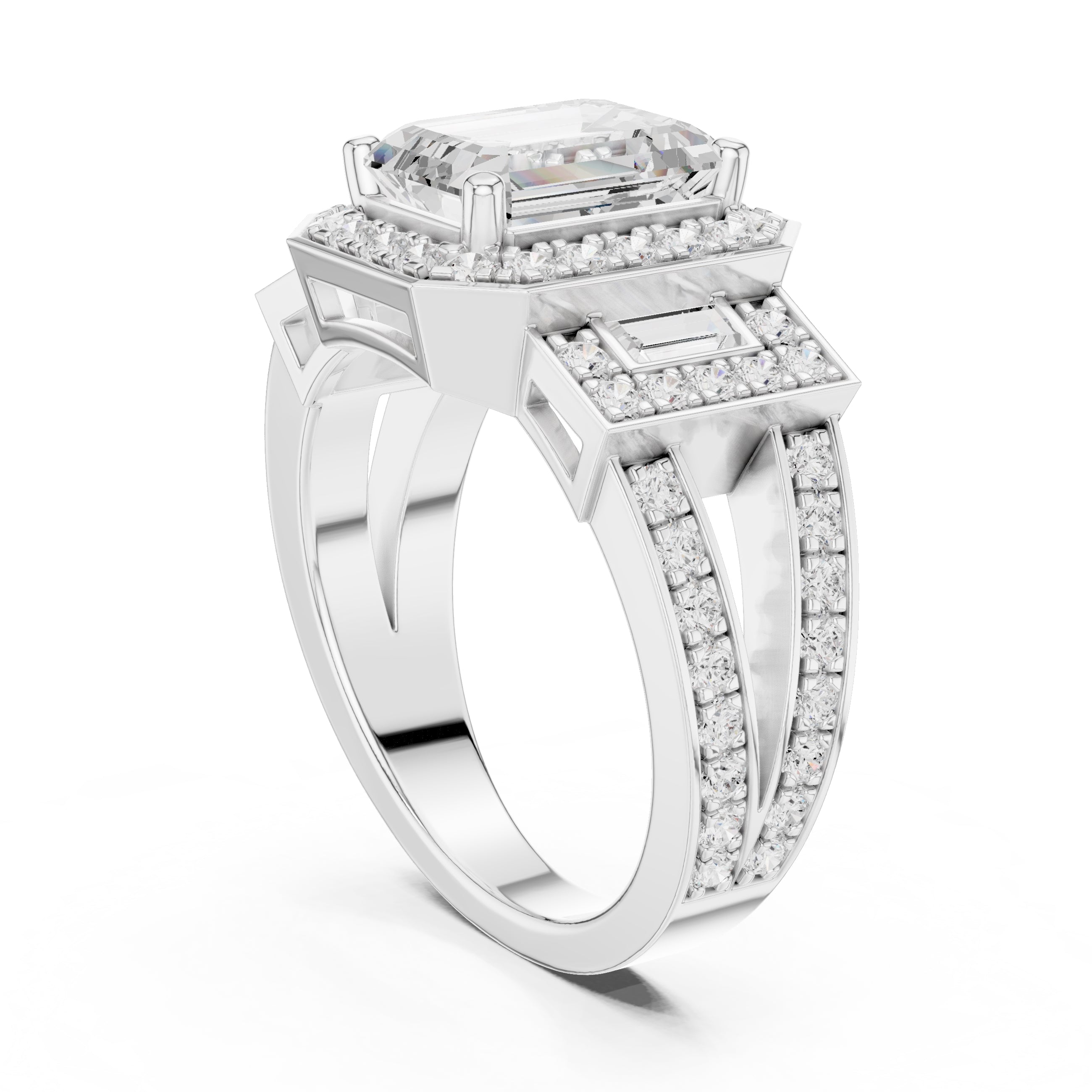 2.50 ct Emerald Cut Baguette Halo Ring 2.5ct White Gold
