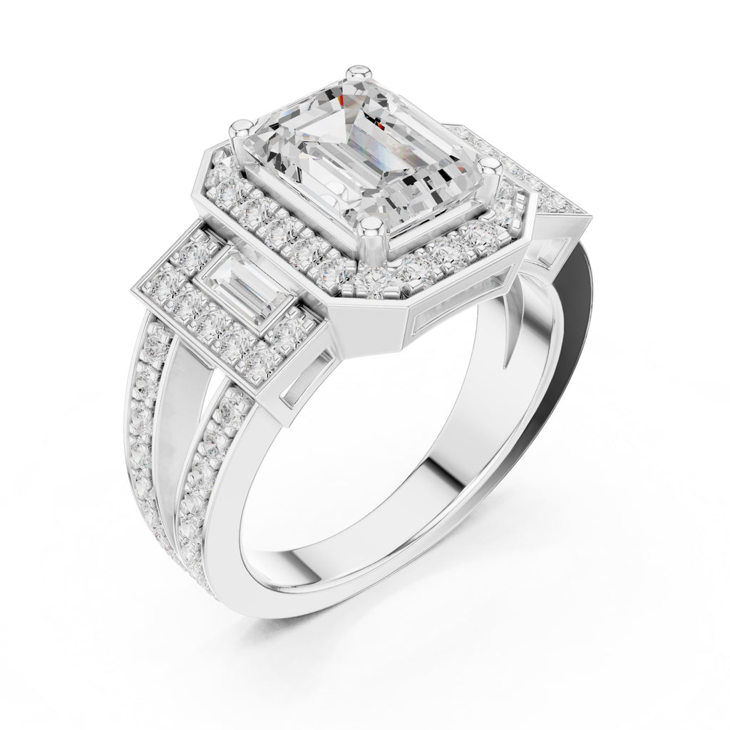 2.50 ct Emerald Cut Baguette Halo Ring 2.5ct White Gold