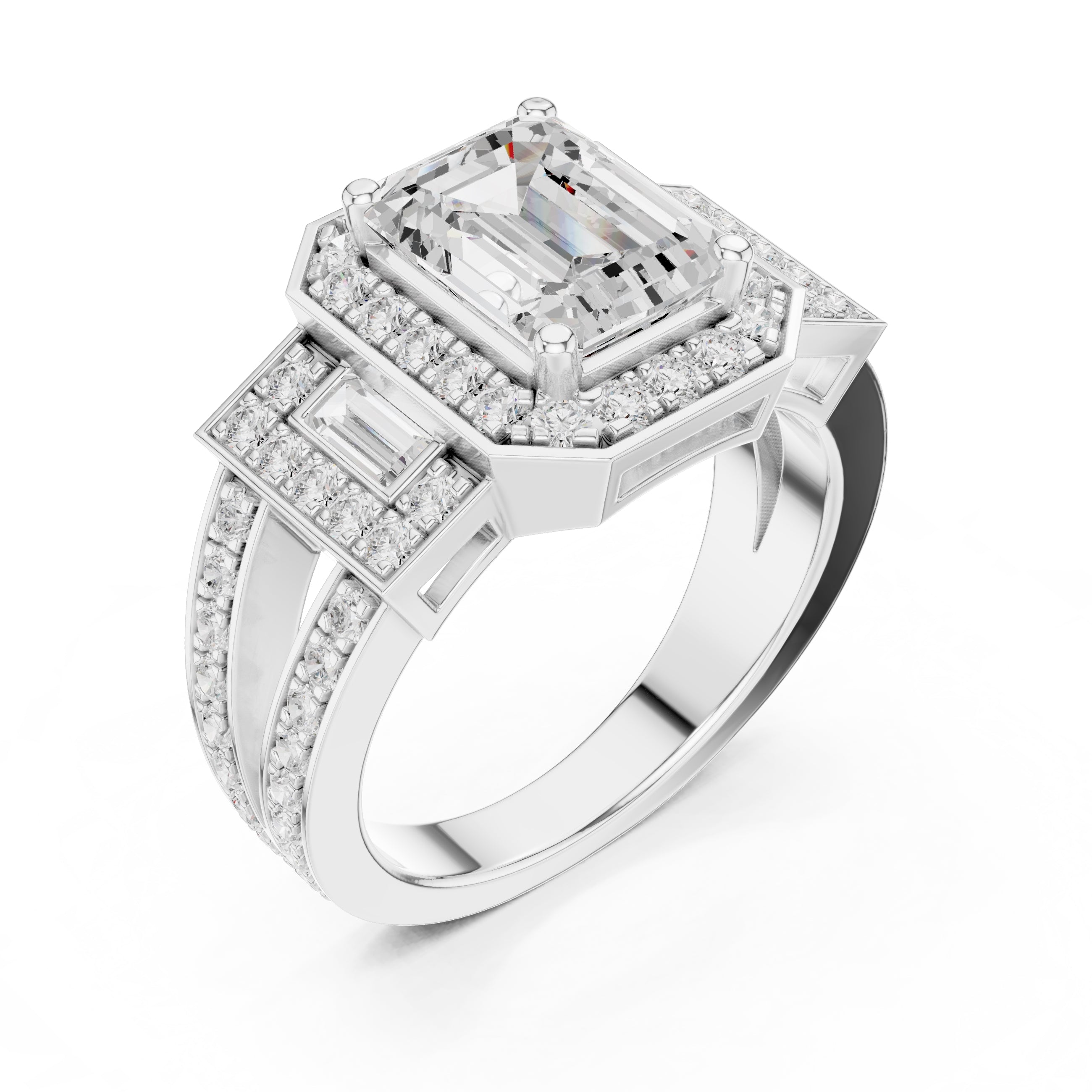 2.50 ct Emerald Cut Baguette Halo Ring 2.5ct White Gold