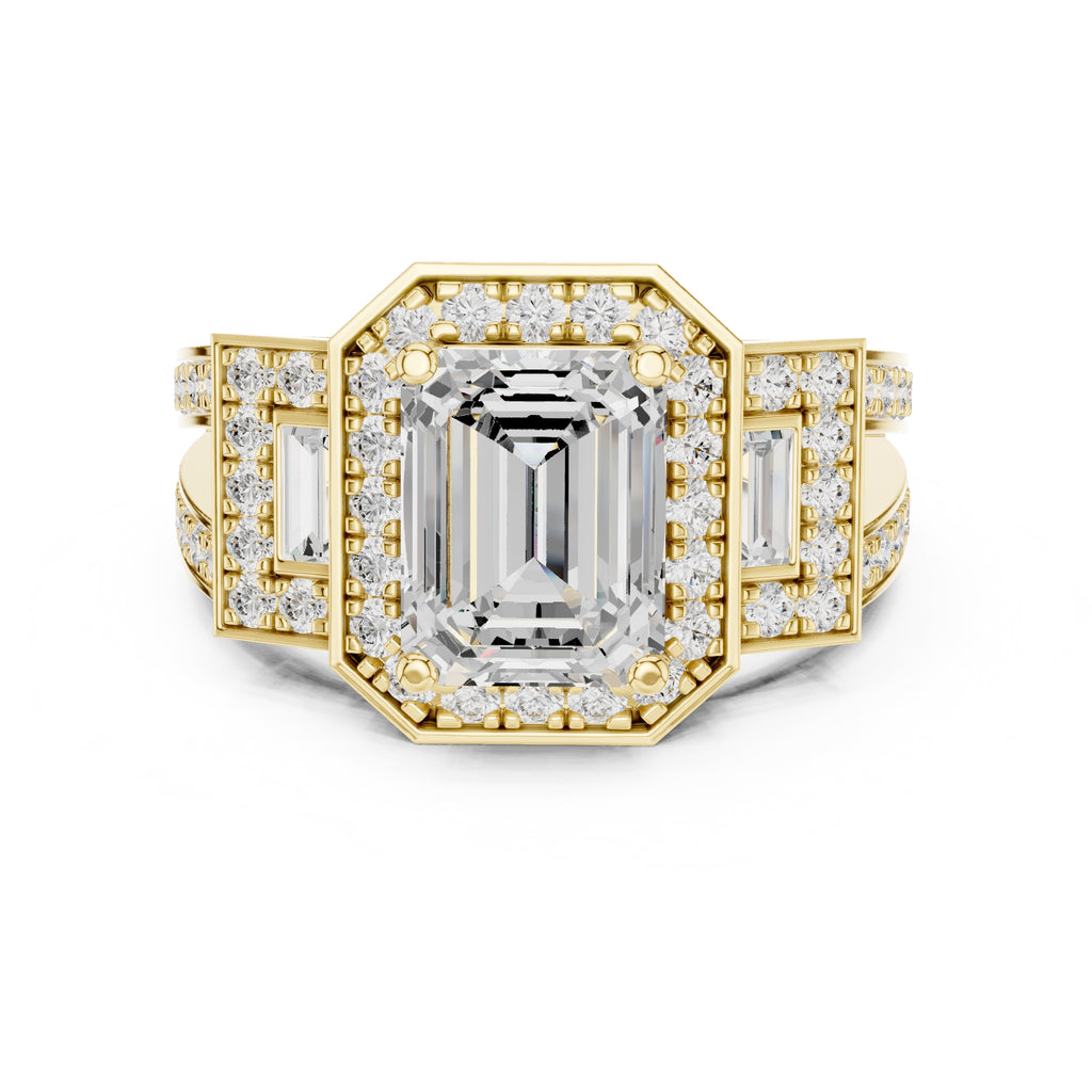 2.50 ct Emerald Cut Baguette Halo Ring 2.5ct Yellow Gold