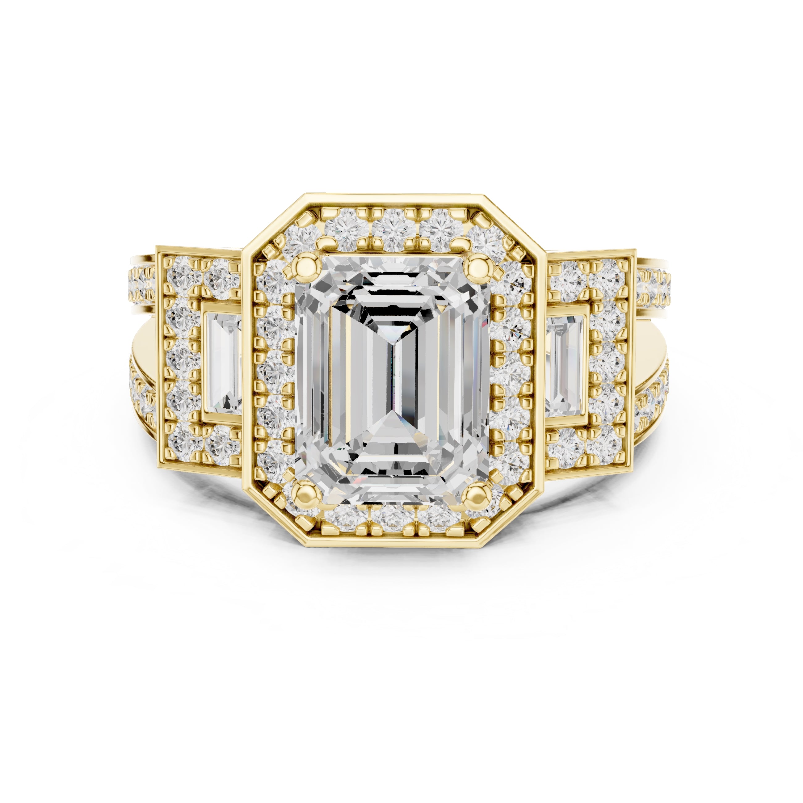 2.50 ct Emerald Cut Baguette Halo Ring 2.5ct Yellow Gold