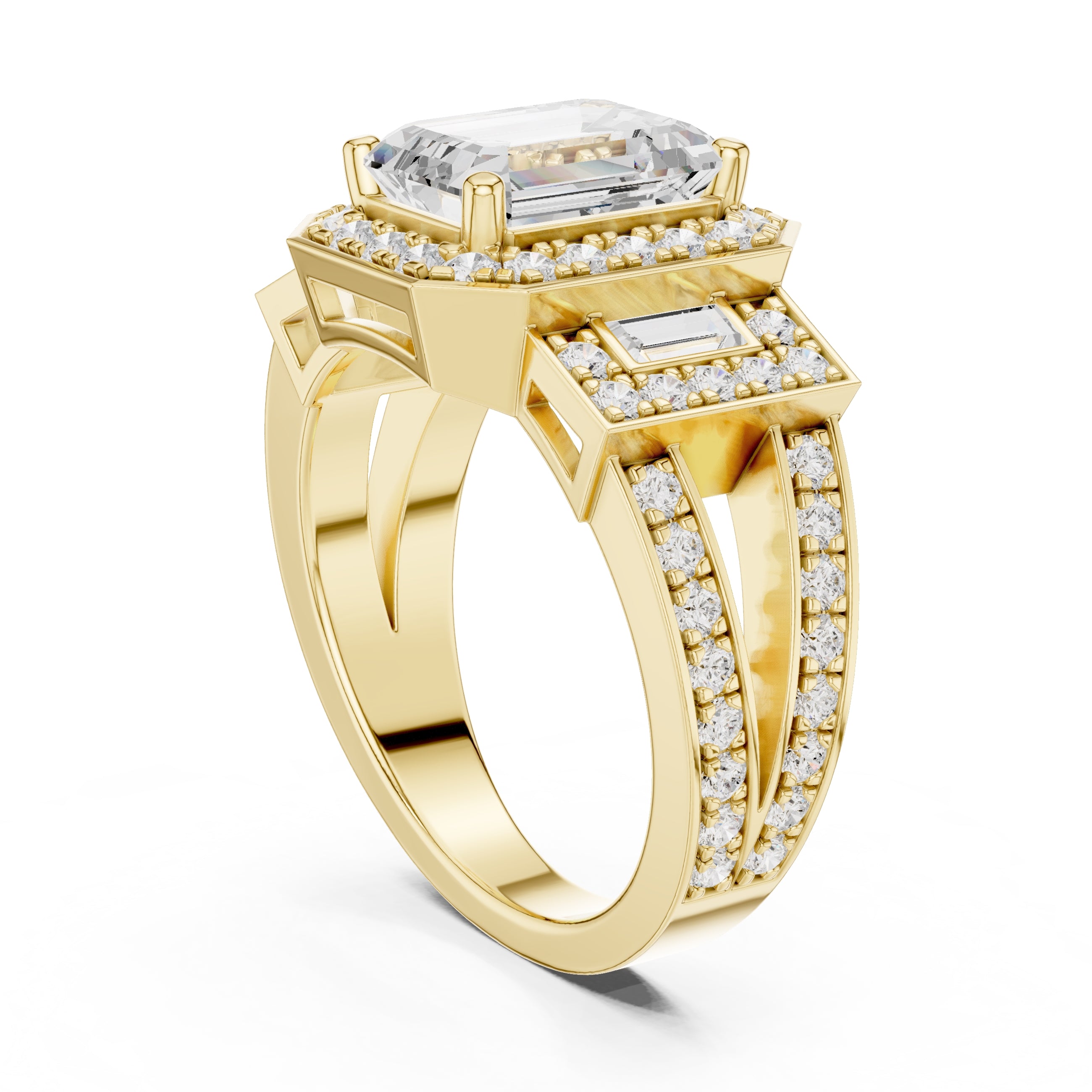 2.50 ct Emerald Cut Baguette Halo Ring 2.5ct Yellow Gold