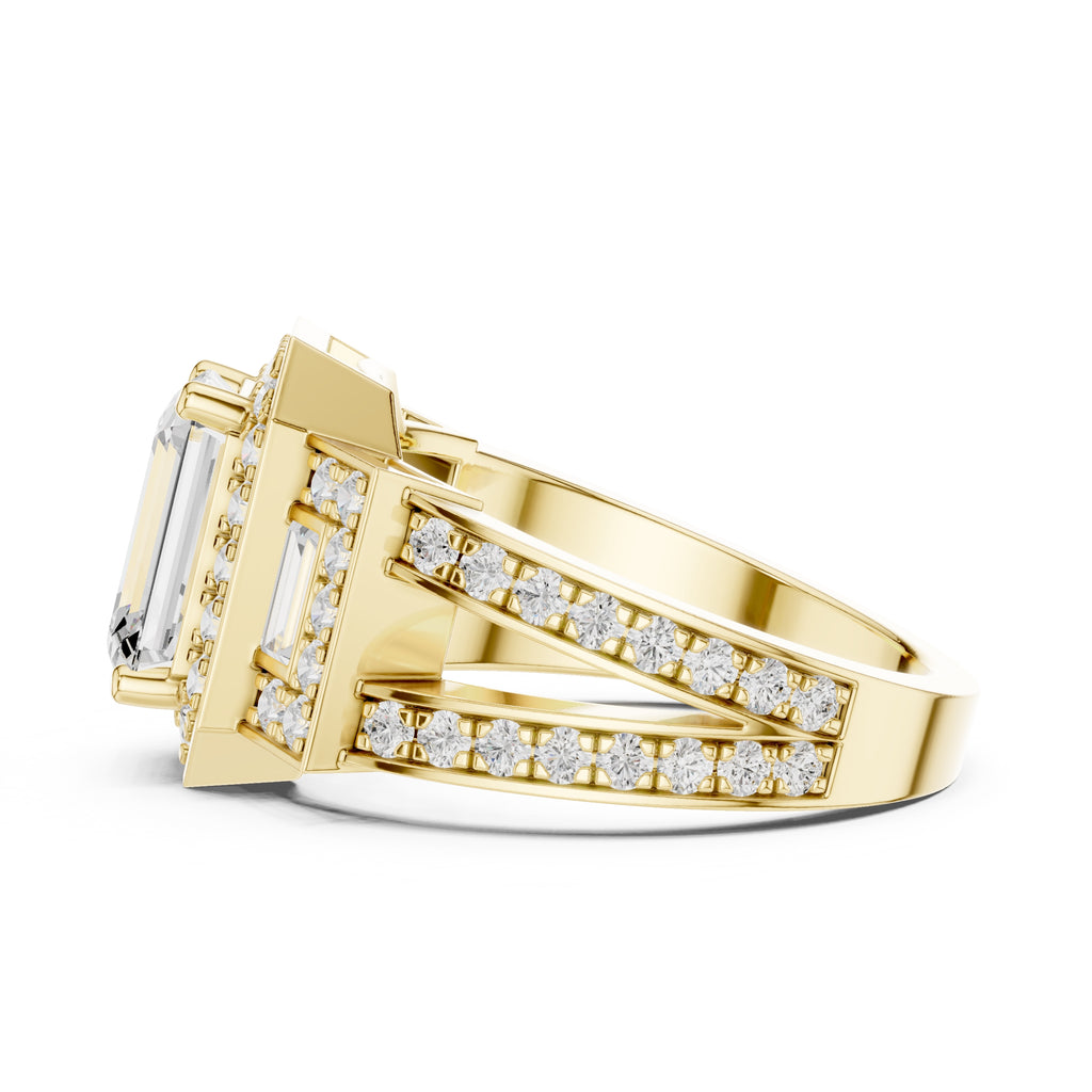 2.50 ct Emerald Cut Baguette Halo Ring 2.5ct Yellow Gold