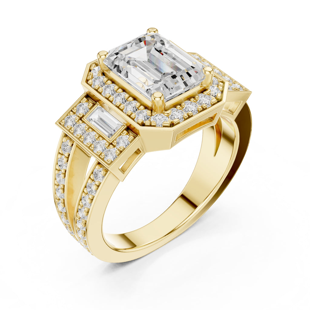 2.50 ct Emerald Cut Baguette Halo Ring 2.5ct Yellow Gold