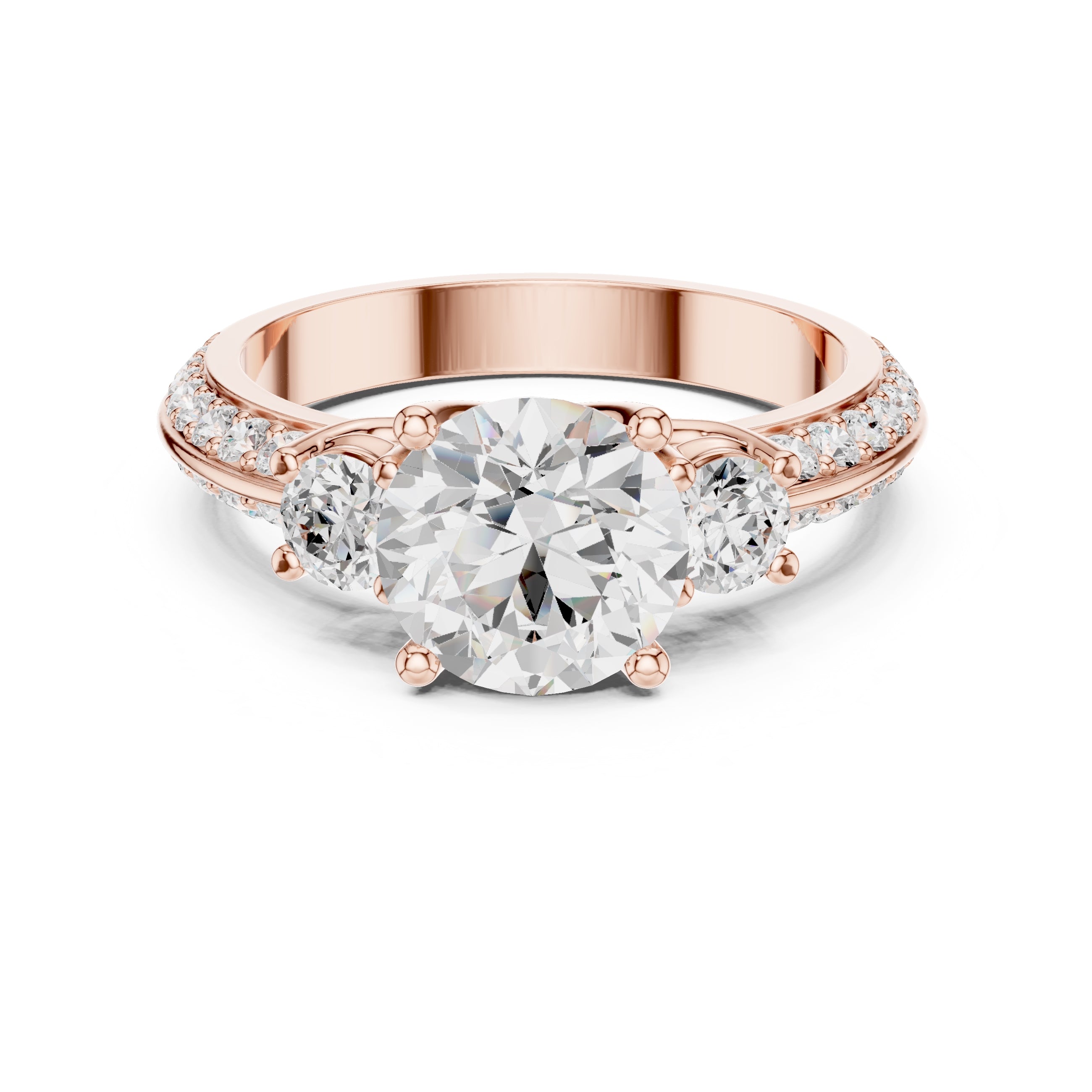 2.00 ct Three Stone Pave Diamond Ring 2ct Rose Gold