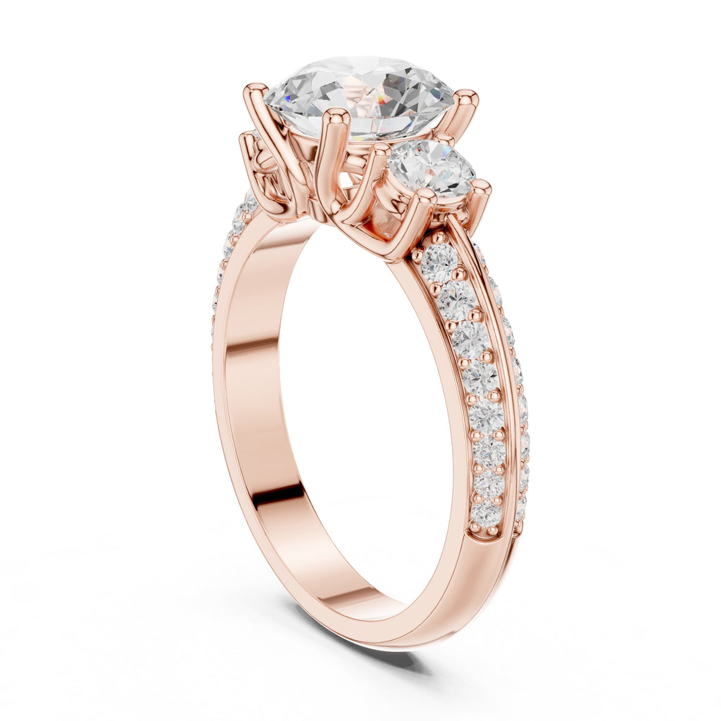 2.00 ct Three Stone Pave Diamond Ring 2ct Rose Gold