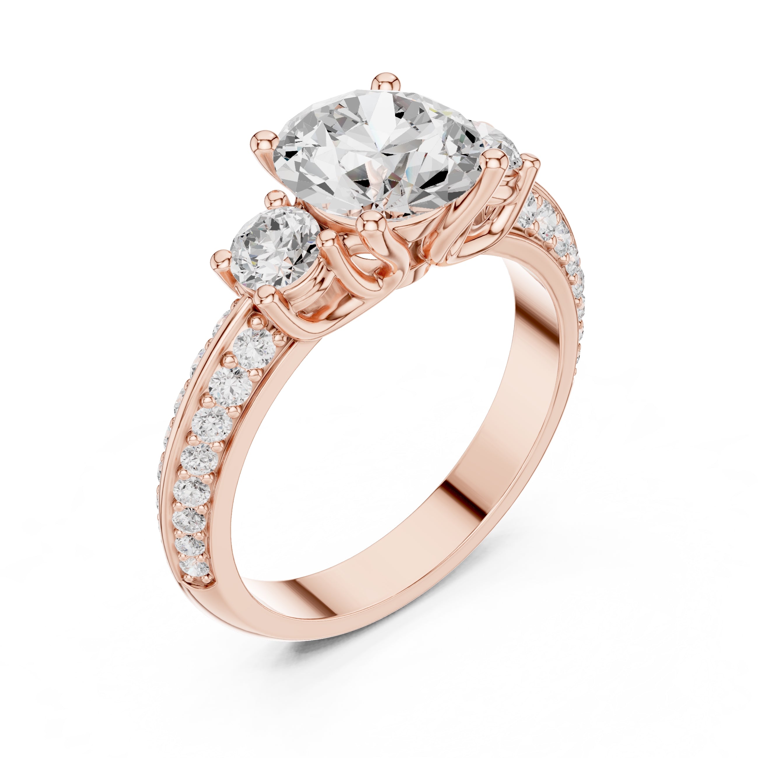 2.00 ct Three Stone Pave Diamond Ring 2ct Rose Gold