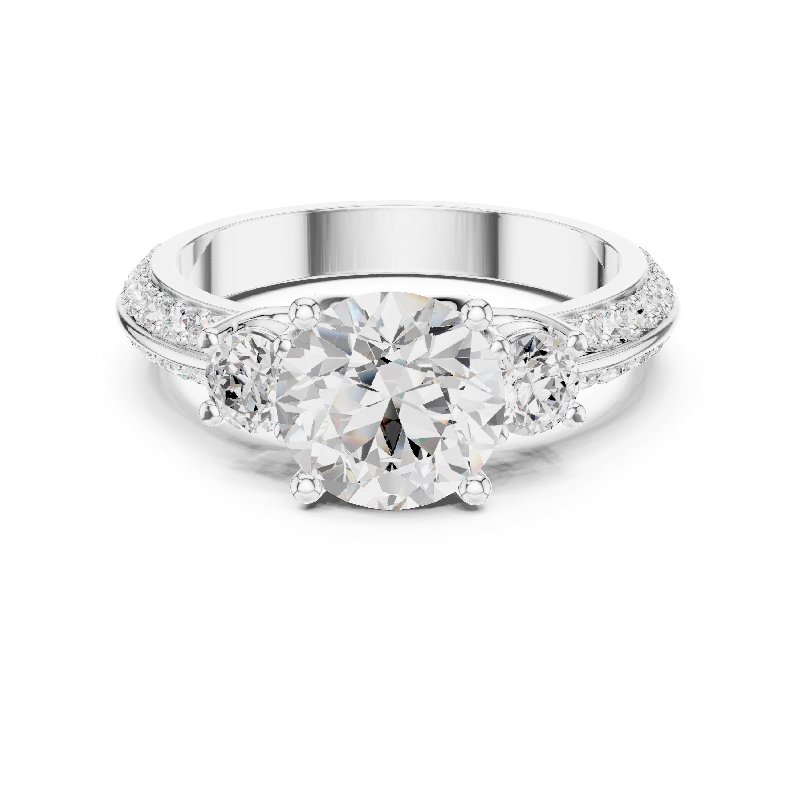 2.00 ct Three Stone Pave Diamond Ring 2ct White Gold