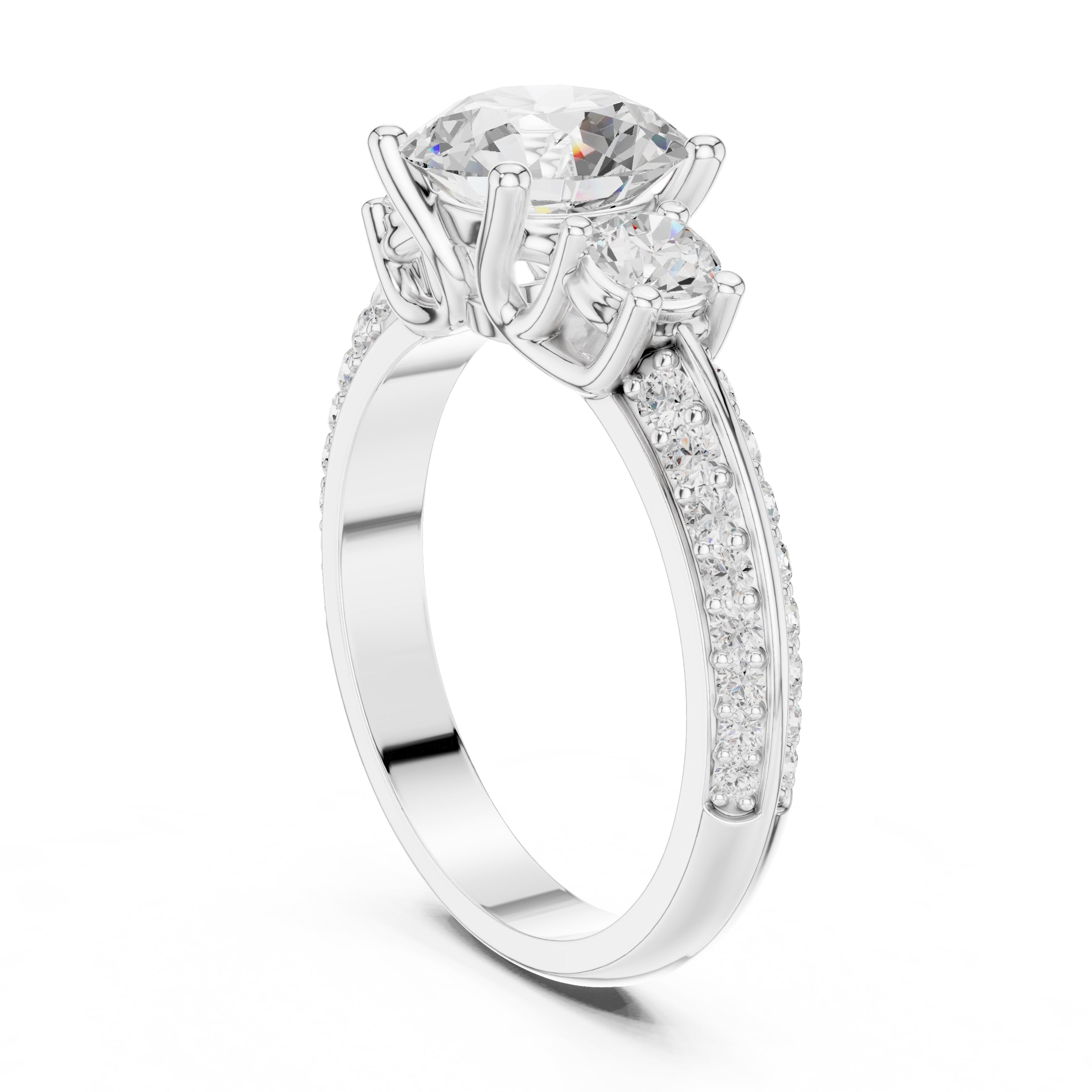 2.00 ct Three Stone Pave Diamond Ring 2ct White Gold