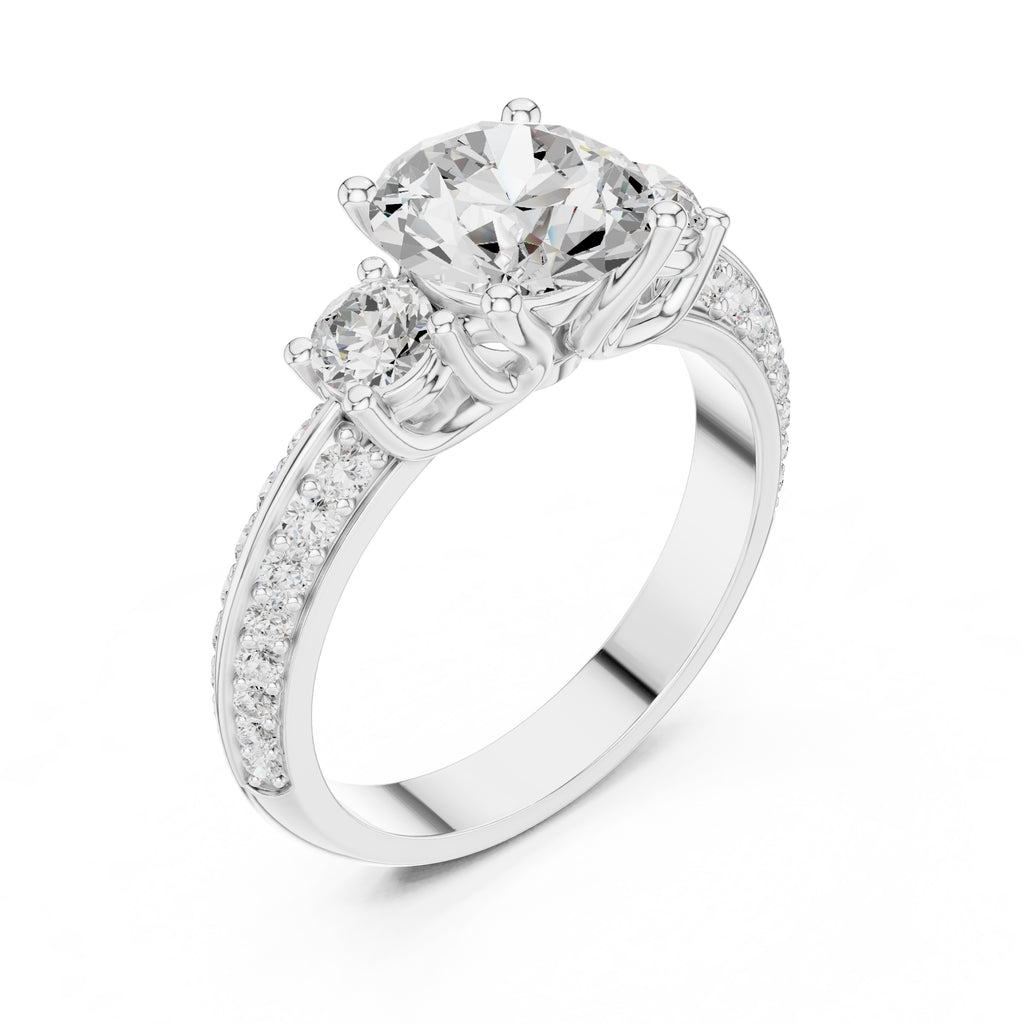 2.00 ct Three Stone Pave Diamond Ring 2ct White Gold