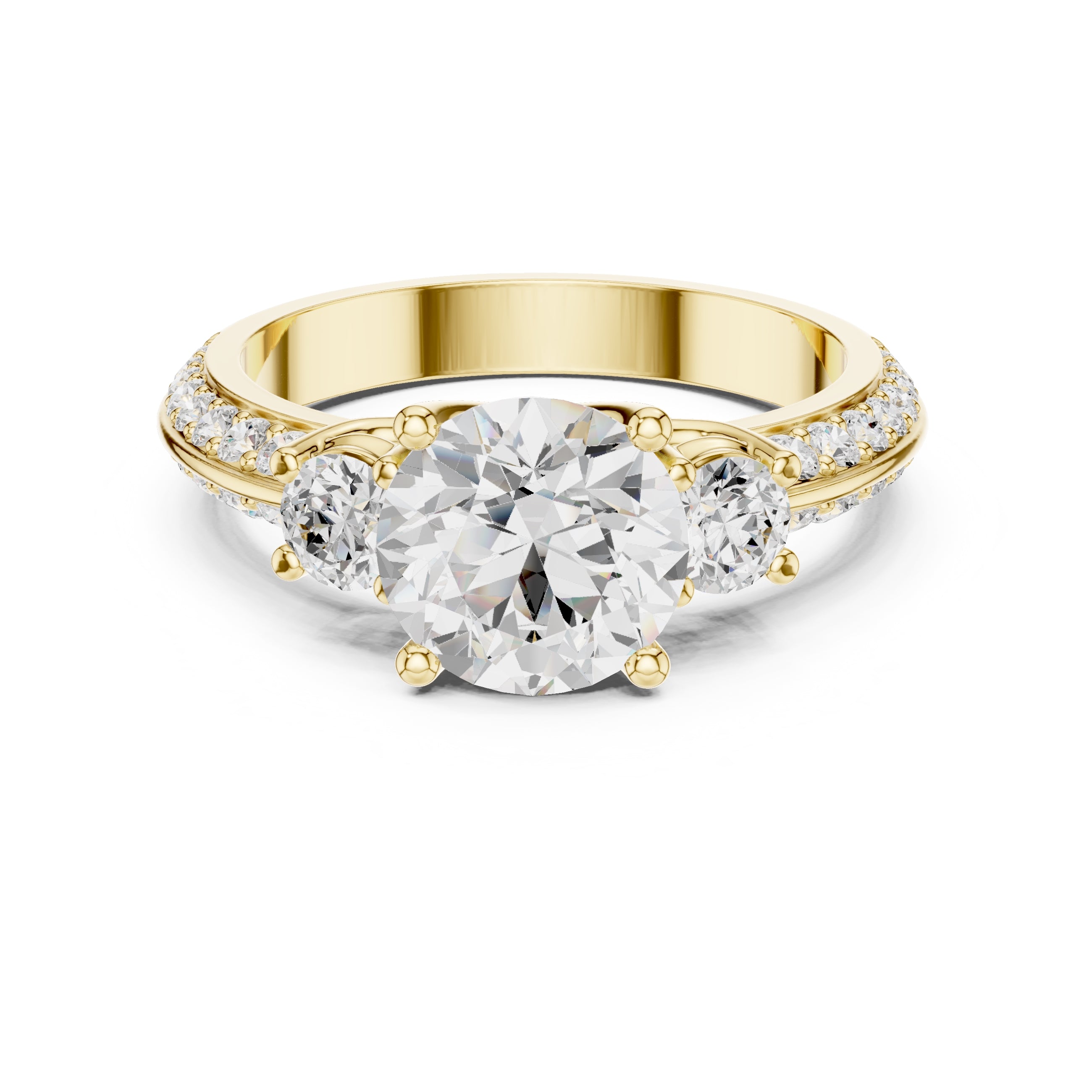 2.00 ct Three Stone Pave Diamond Ring 2ct Yellow Gold