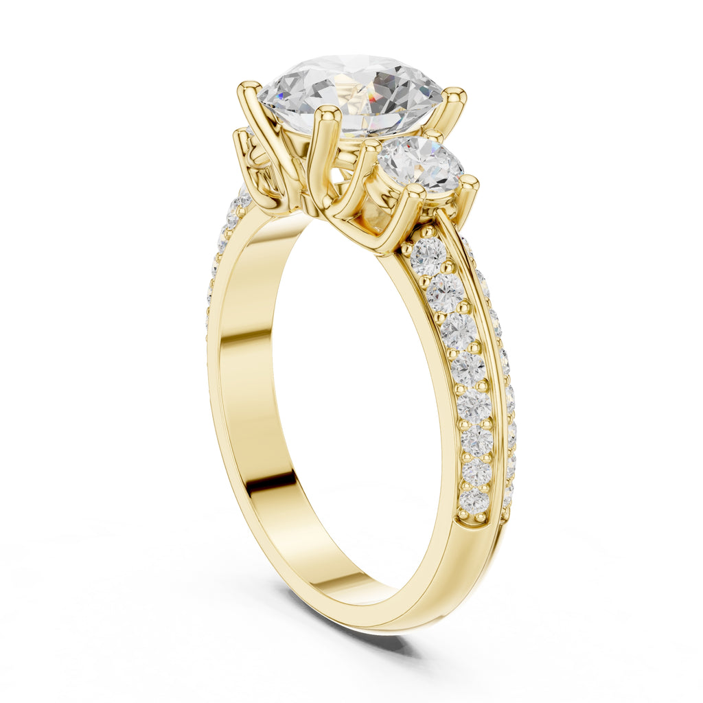2.00 ct Three Stone Pave Diamond Ring 2ct Yellow Gold
