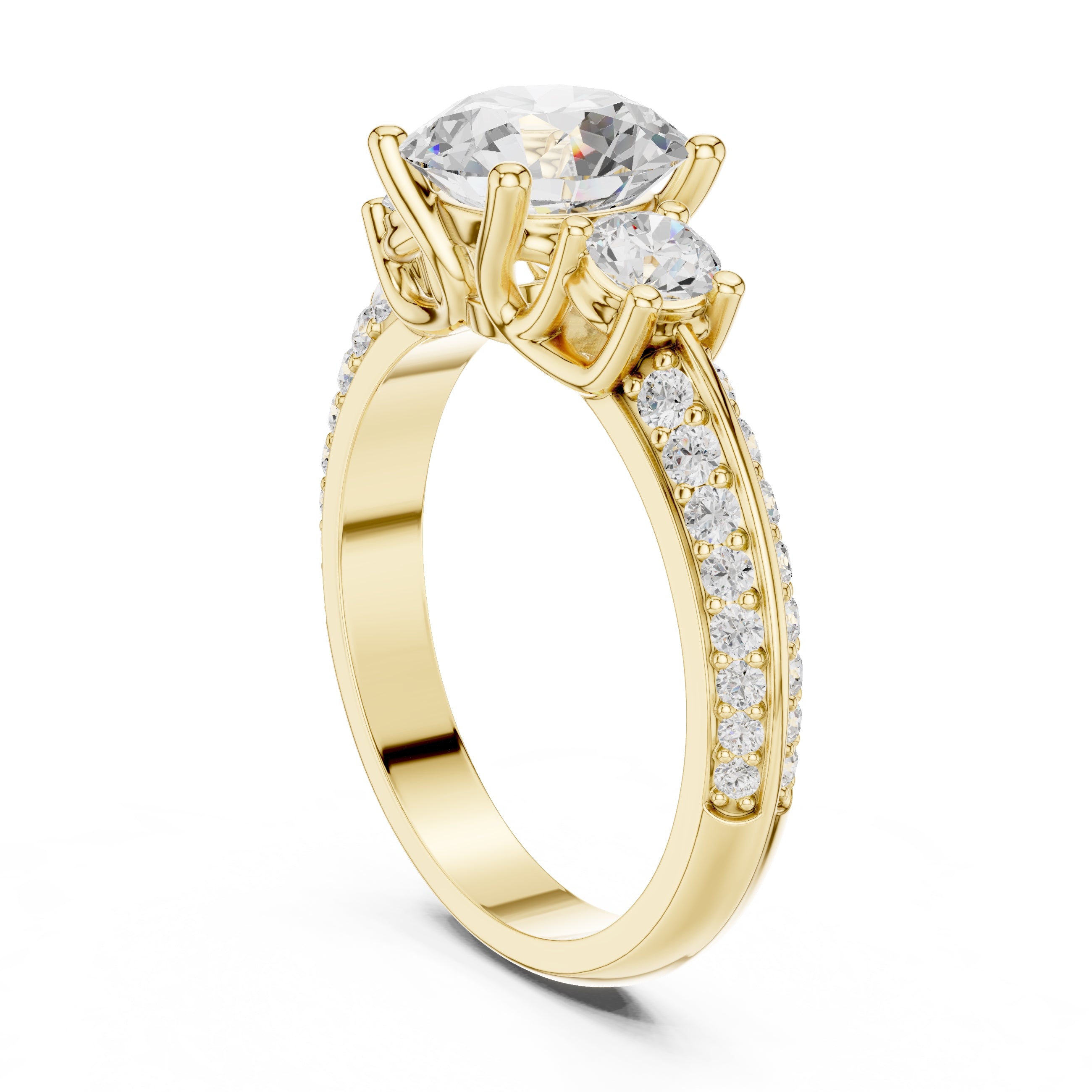 2.00 ct Three Stone Pave Diamond Ring 2ct Yellow Gold