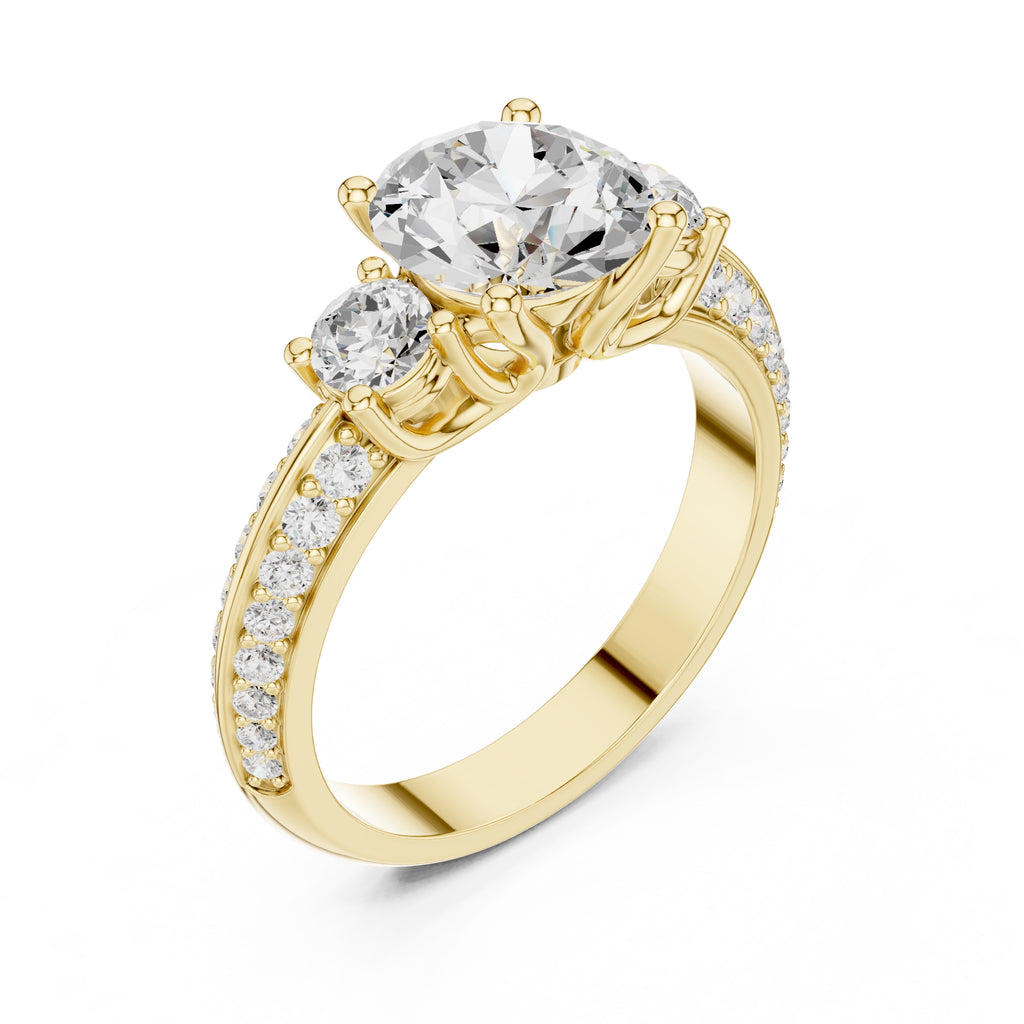 2.00 ct Three Stone Pave Diamond Ring 2ct Yellow Gold