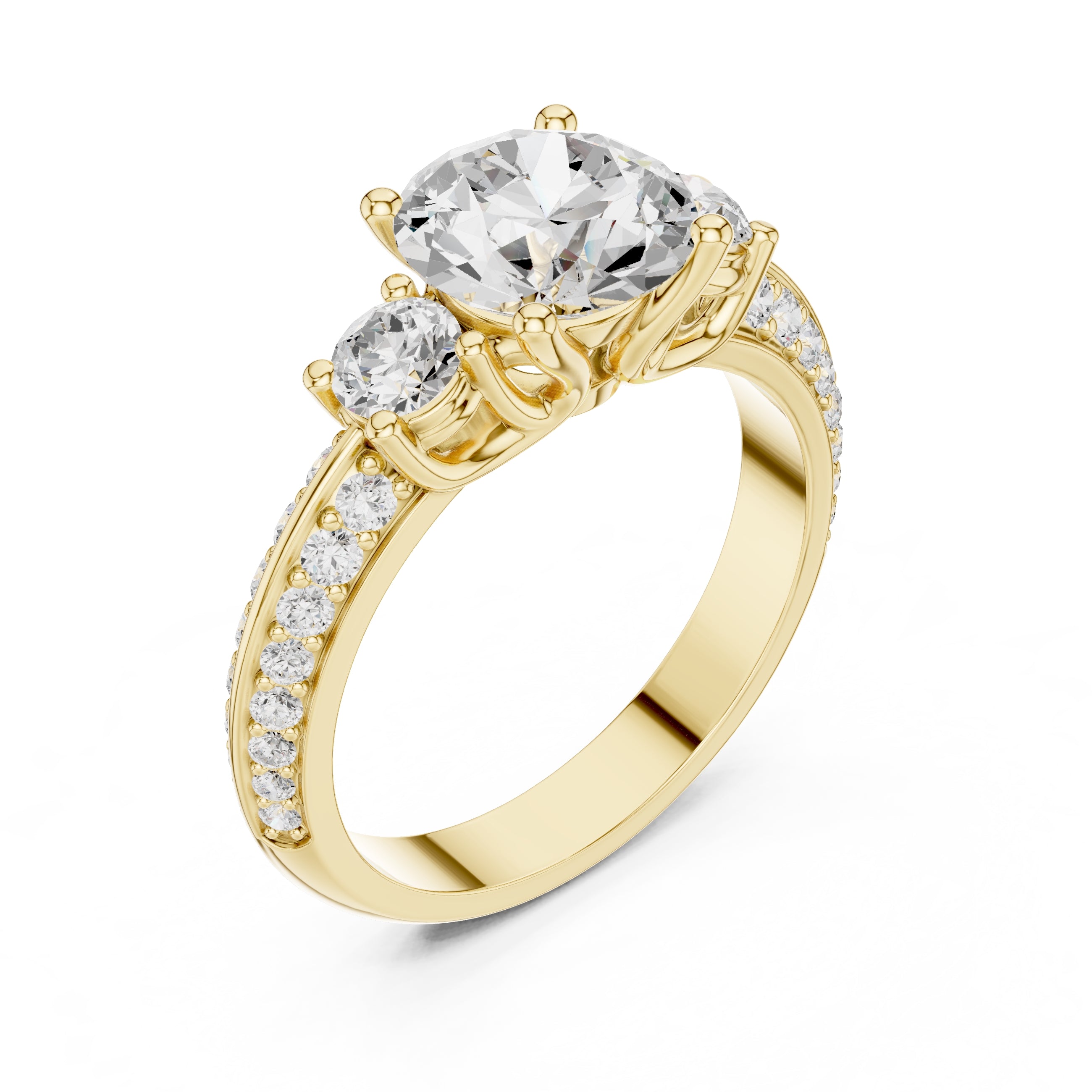 2.00 ct Three Stone Pave Diamond Ring 2ct Yellow Gold