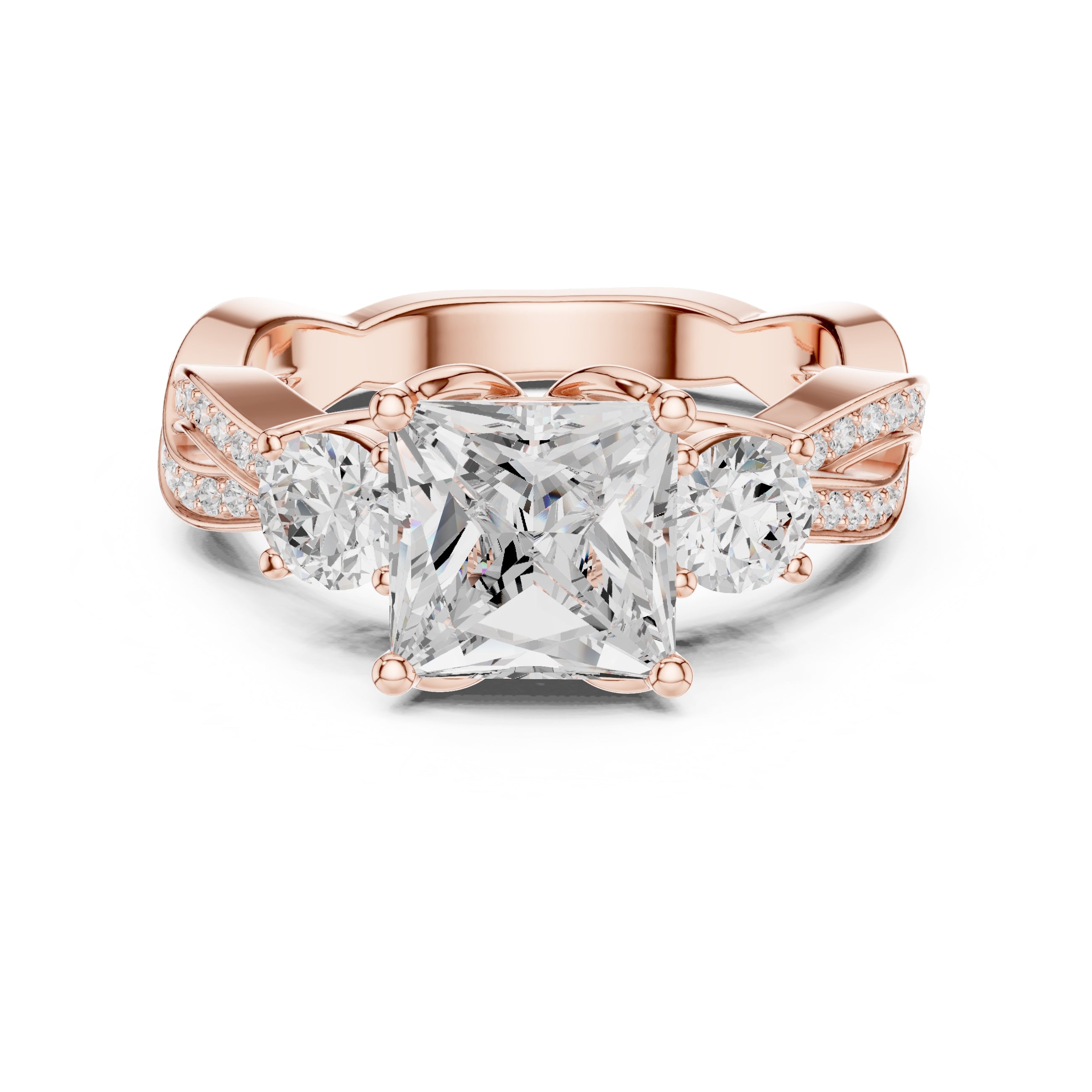 2.50 ct Princess Split-Shank Three-Stone Ring 2.5ct Rose Gold