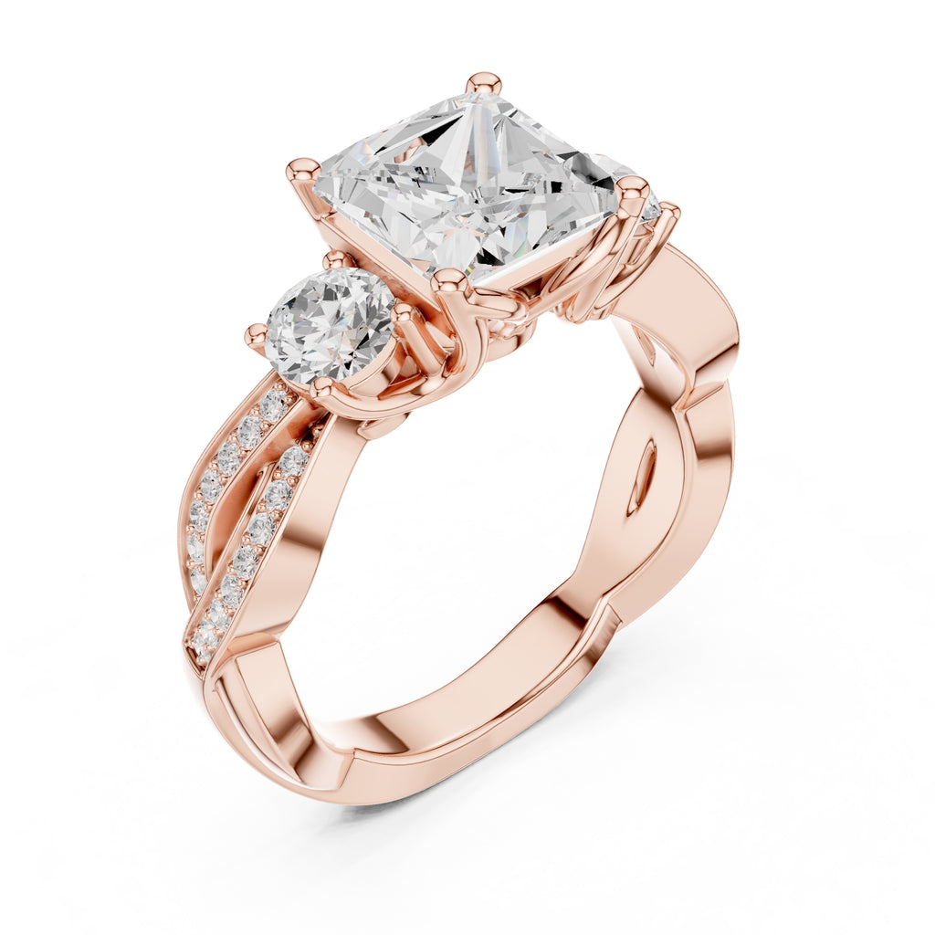 2.50 ct Princess Split-Shank Three-Stone Ring 2.5ct Rose Gold