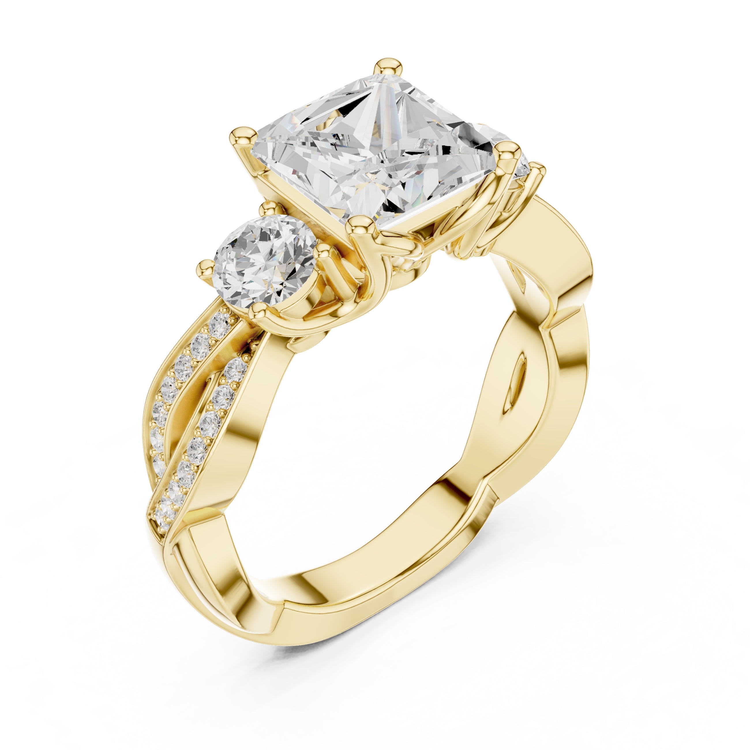 2.50 ct Princess Split-Shank Three-Stone Ring 2.5ct Yellow Gold