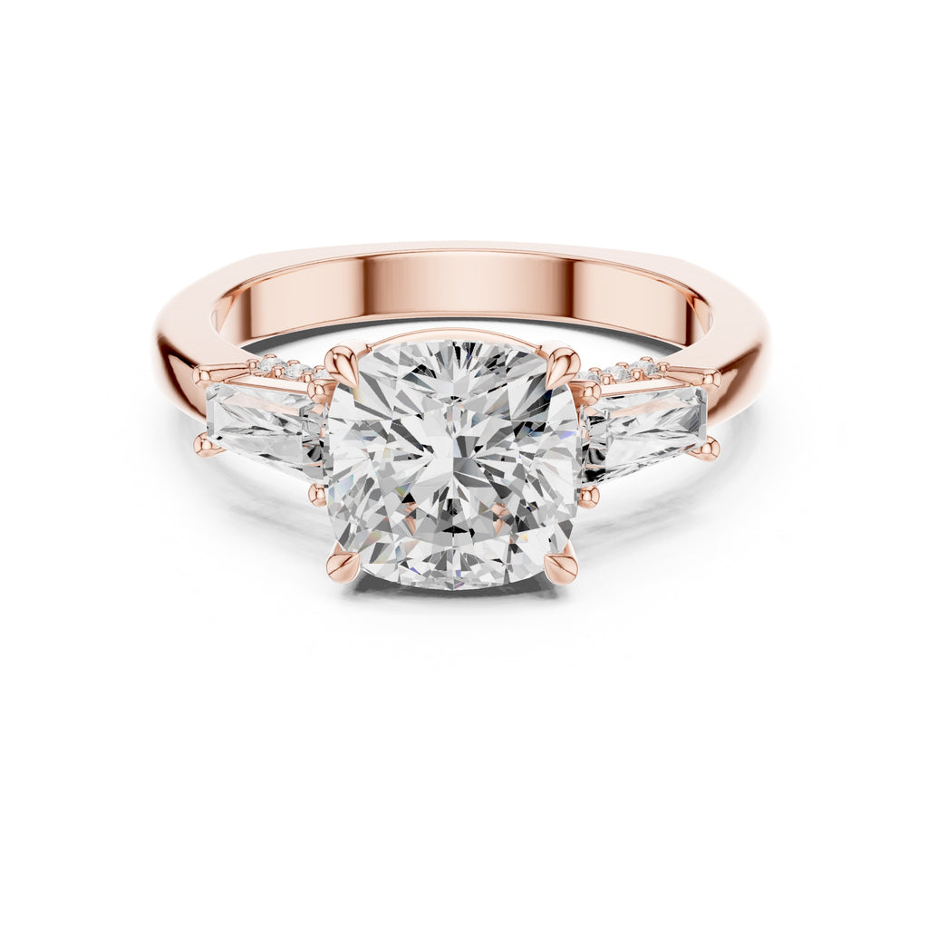3.00 ct Cushion Baguette Three Stone Ring 3ct Rose Gold