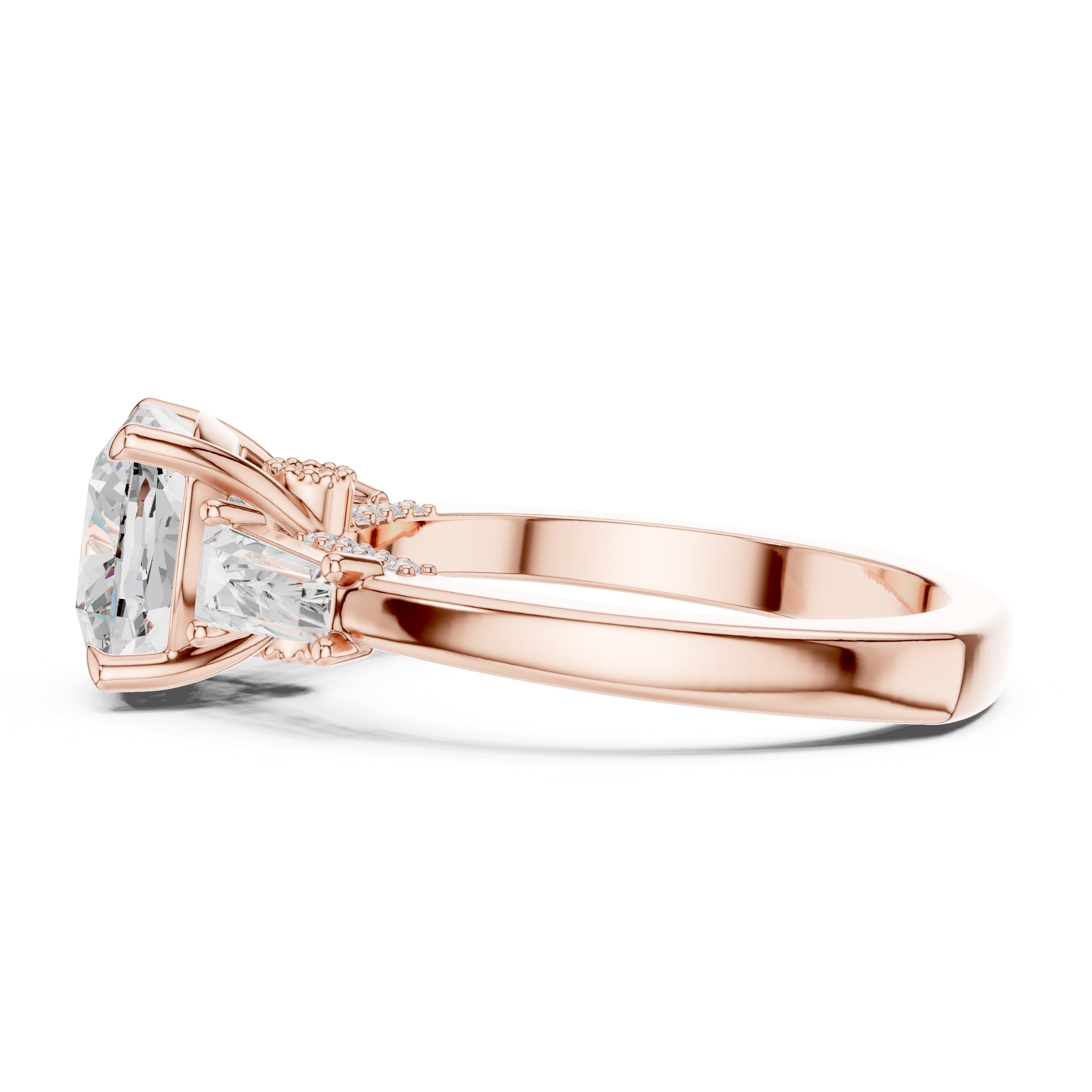 3.00 ct Cushion Baguette Three Stone Ring 3ct Rose Gold