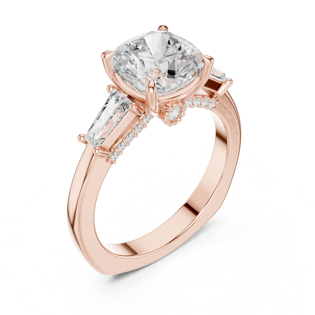 3.00 ct Cushion Baguette Three Stone Ring 3ct Rose Gold