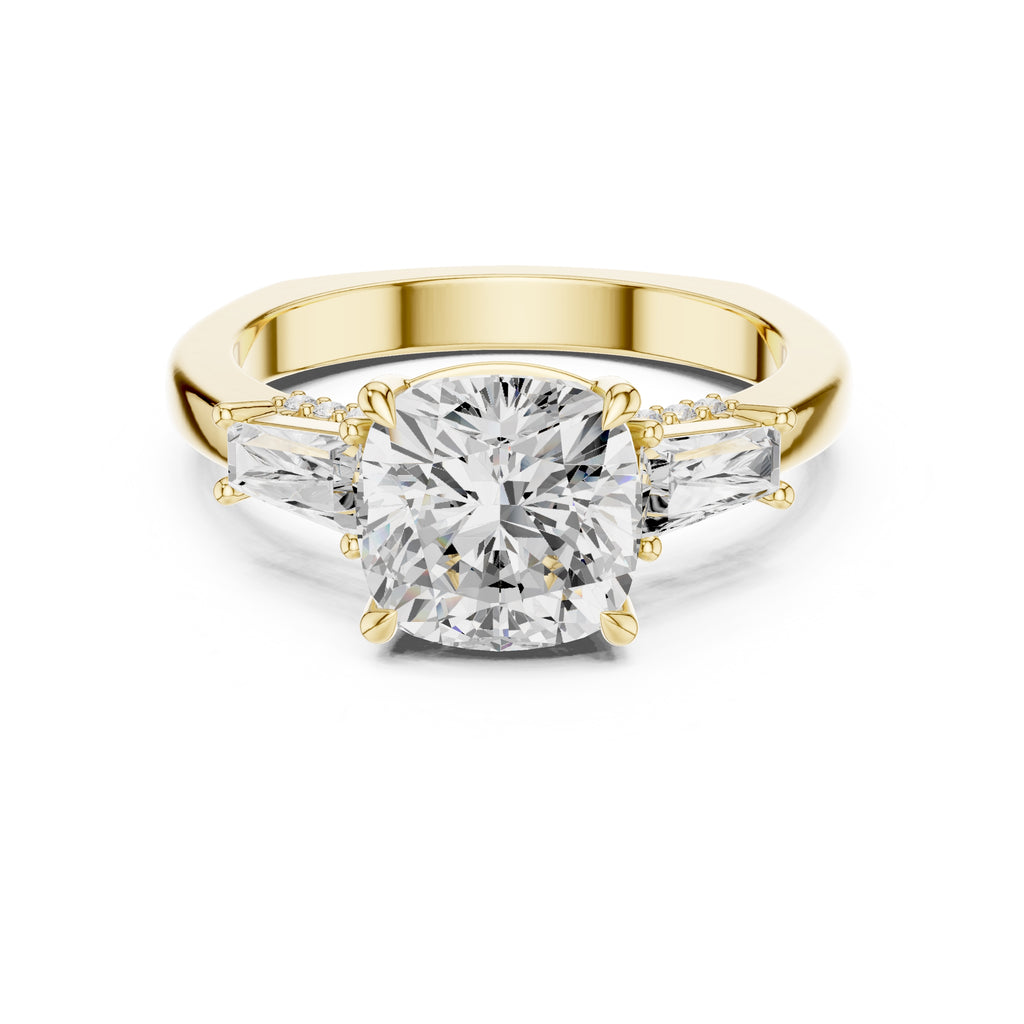 3.00 ct Cushion Baguette Three Stone Ring 3ct Yellow Gold