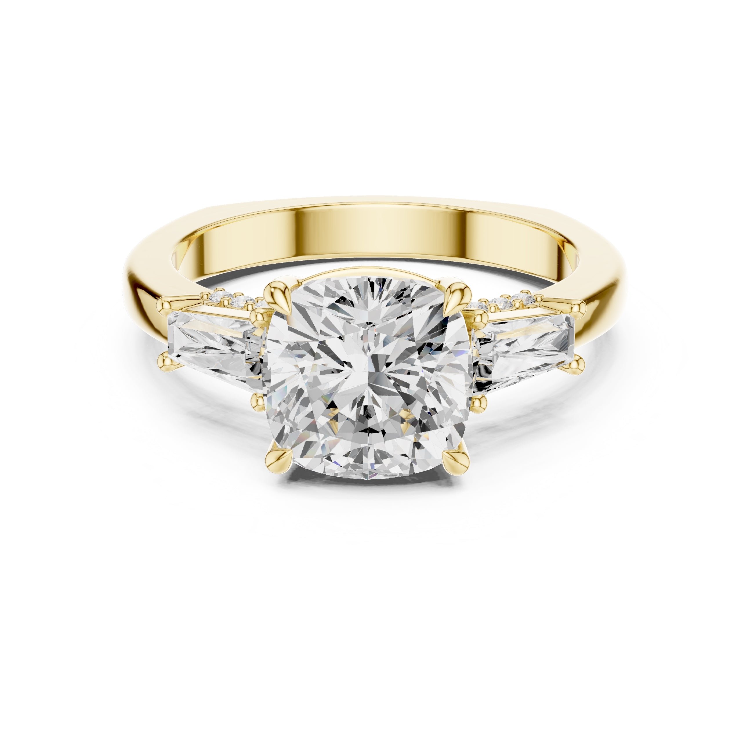 3.00 ct Cushion Baguette Three Stone Ring 3ct Yellow Gold