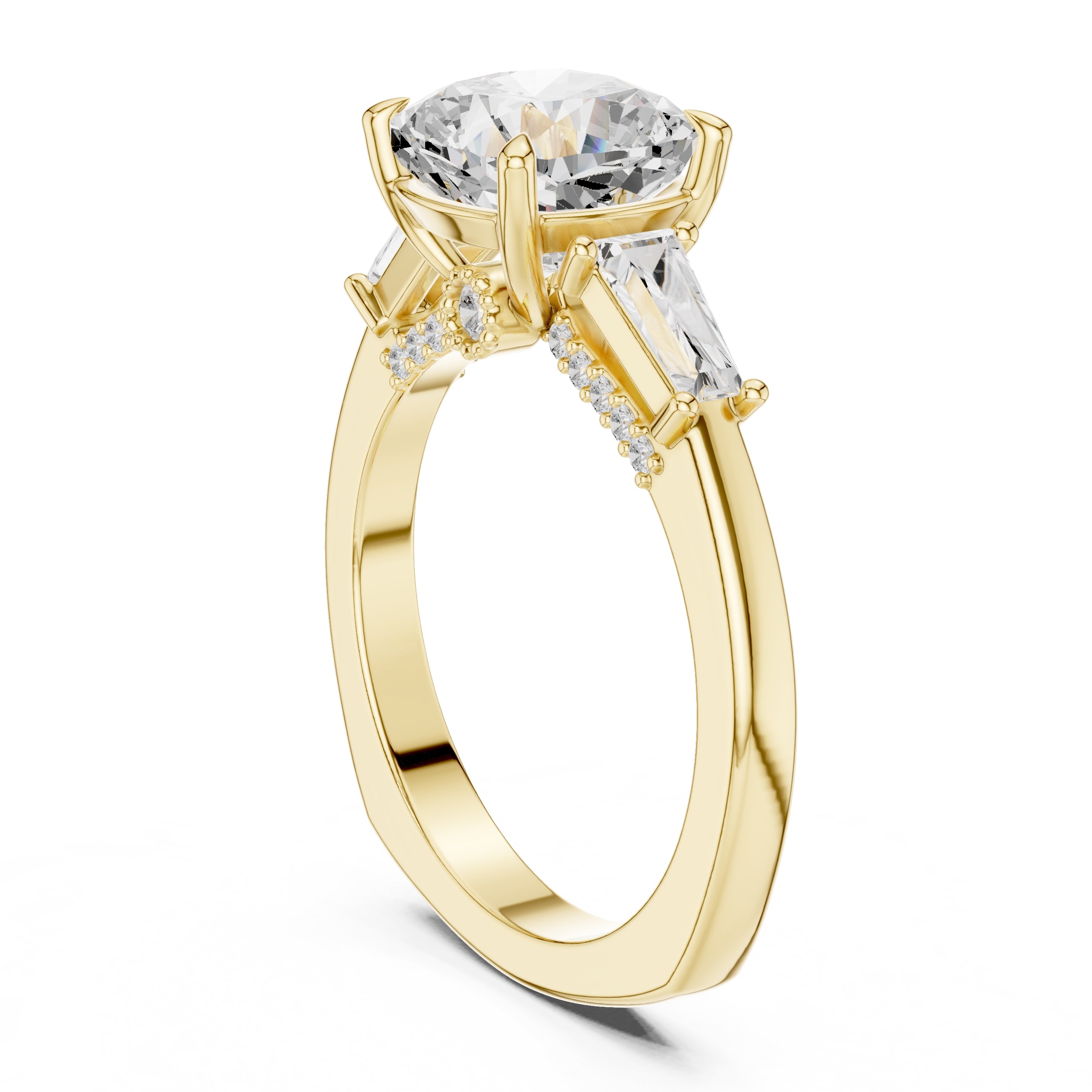 3.00 ct Cushion Baguette Three Stone Ring 3ct Yellow Gold