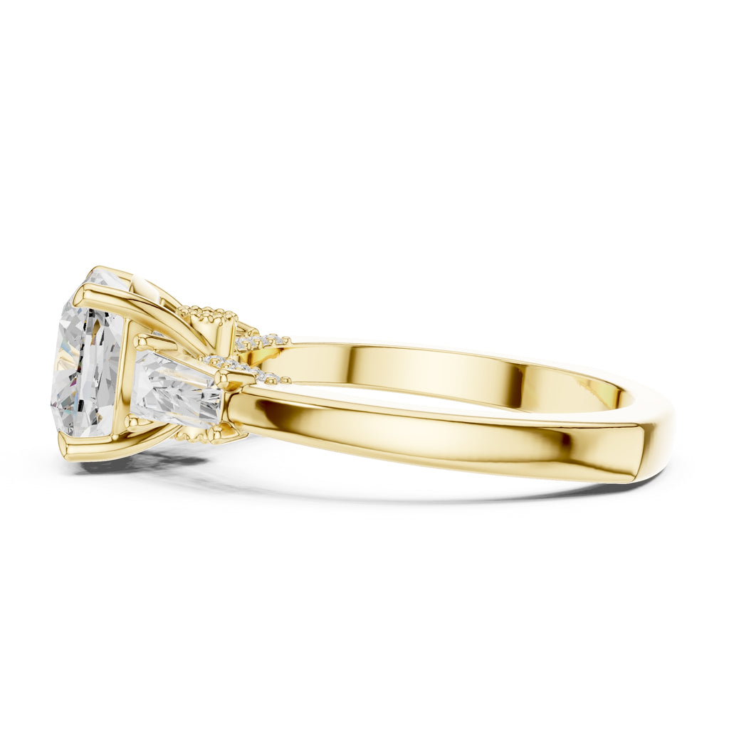 3.00 ct Cushion Baguette Three Stone Ring 3ct Yellow Gold