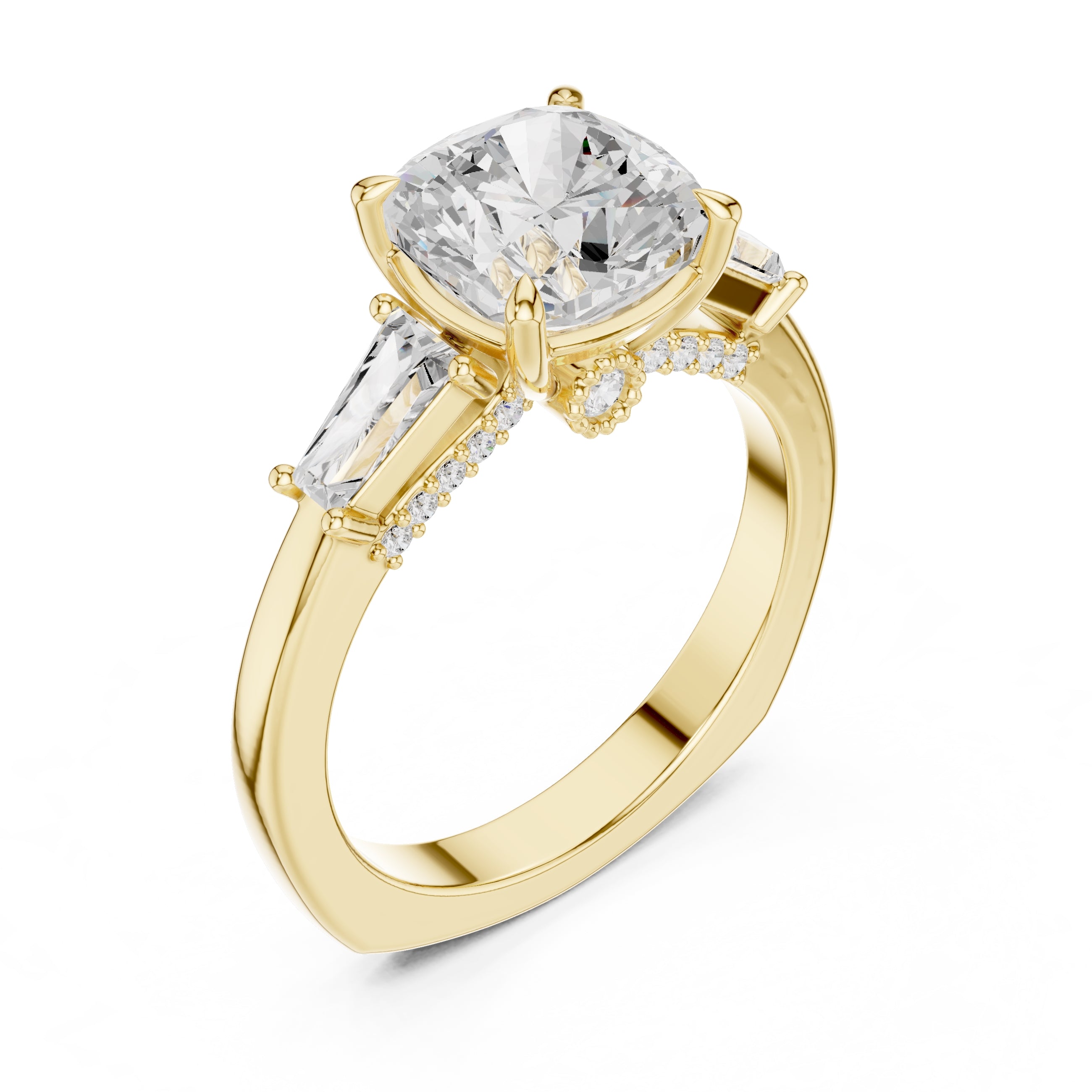 3.00 ct Cushion Baguette Three Stone Ring 3ct Yellow Gold
