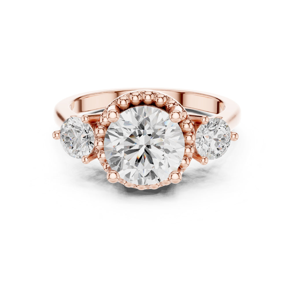 2.00 ct Round Milgrain Halo Three Stone Ring 2ct Rose Gold