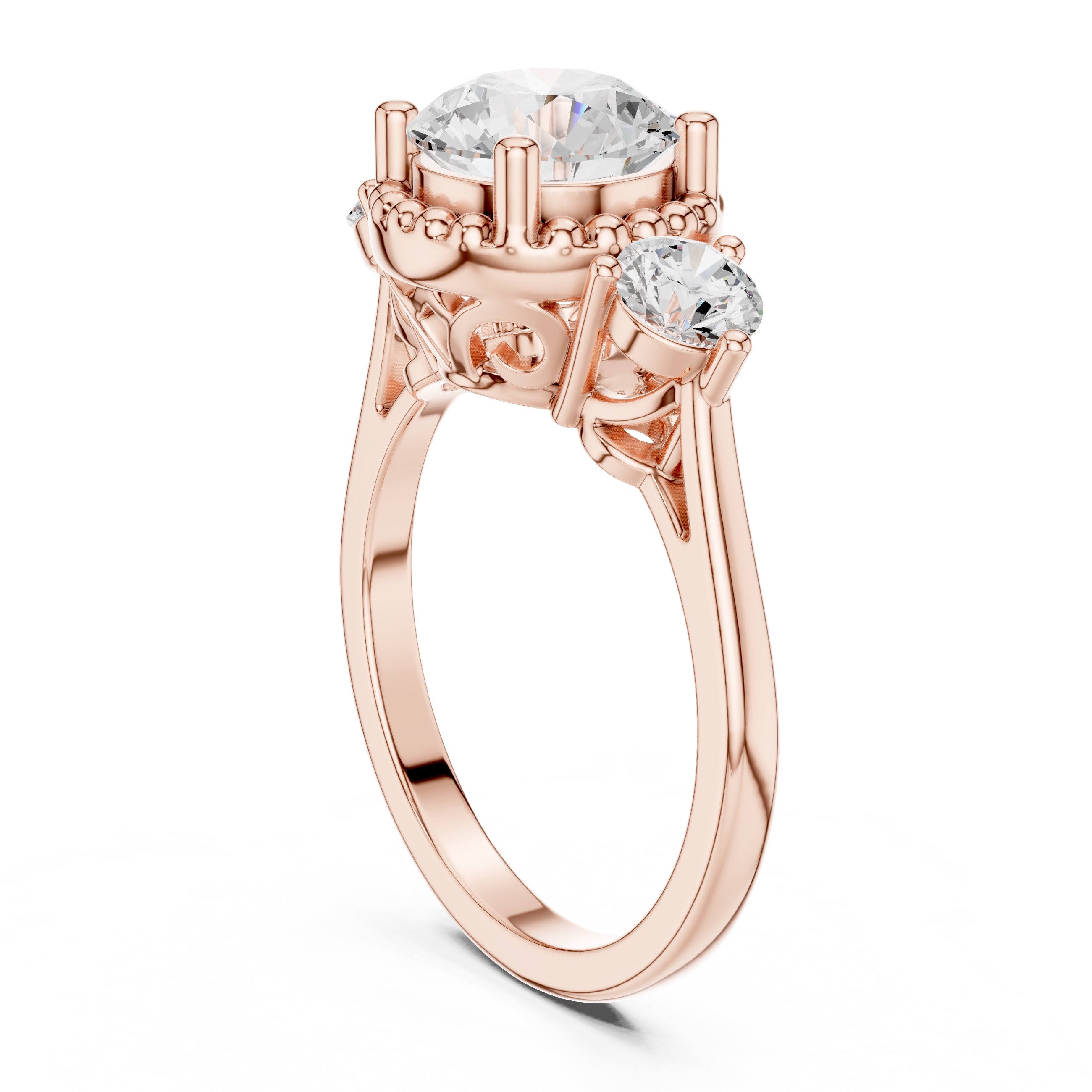 2.00 ct Round Milgrain Halo Three Stone Ring 2ct Rose Gold
