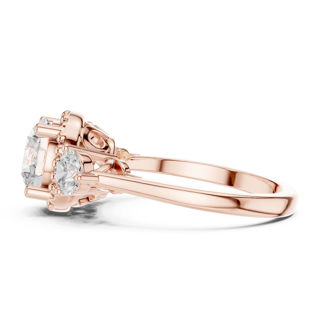2.00 ct Round Milgrain Halo Three Stone Ring 2ct Rose Gold