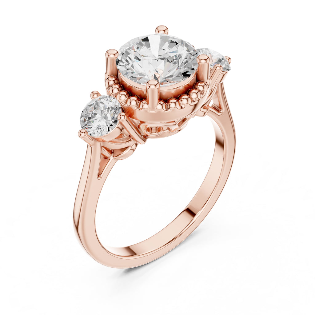 2.00 ct Round Milgrain Halo Three Stone Ring 2ct Rose Gold