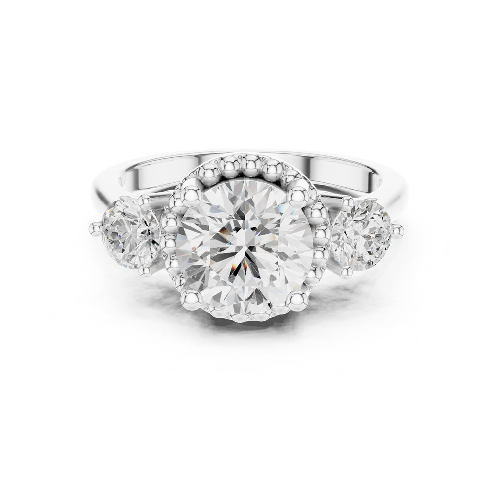 2.00 ct Round Milgrain Halo Three Stone Ring 2ct White Gold